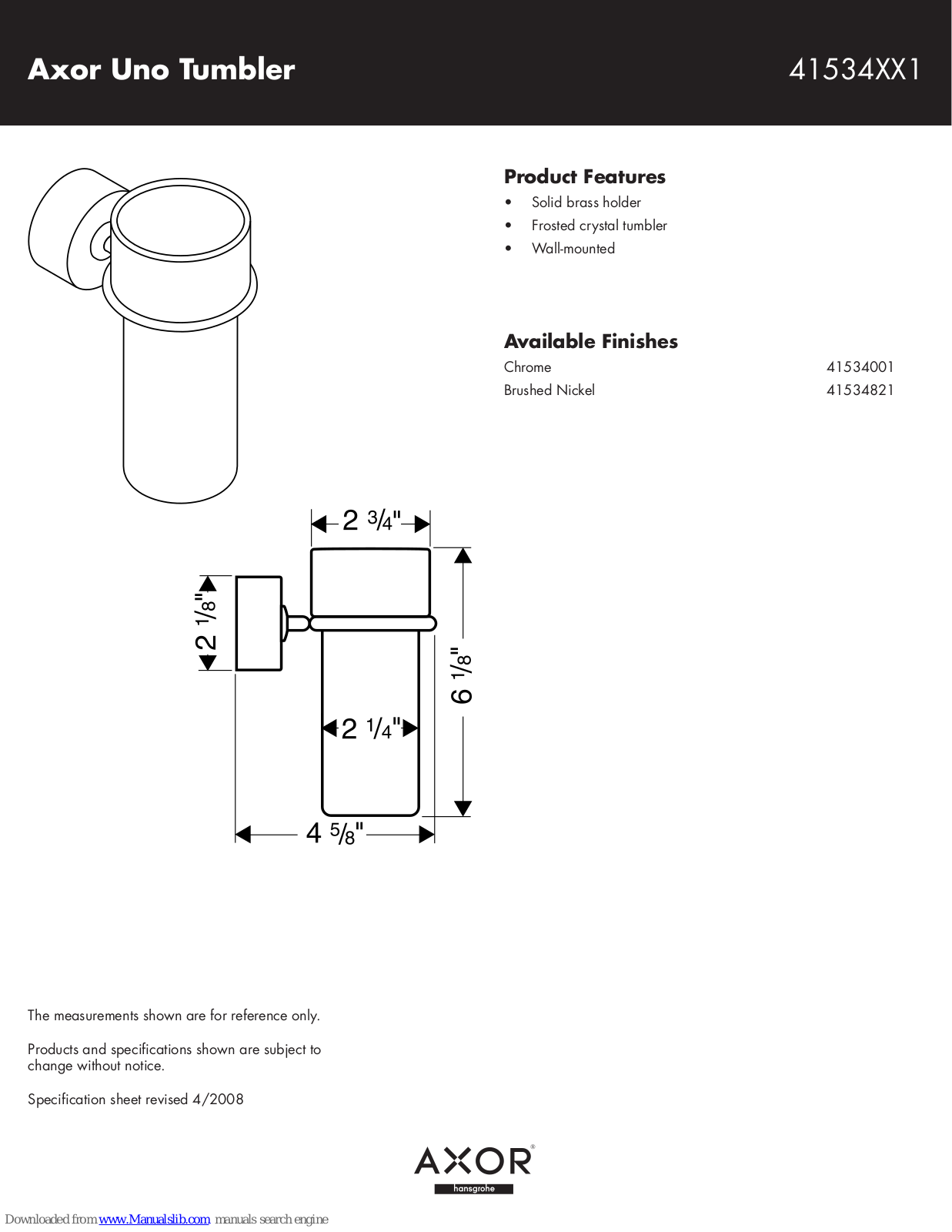 Hansgrohe 41534001, 41534821 Specification Sheet