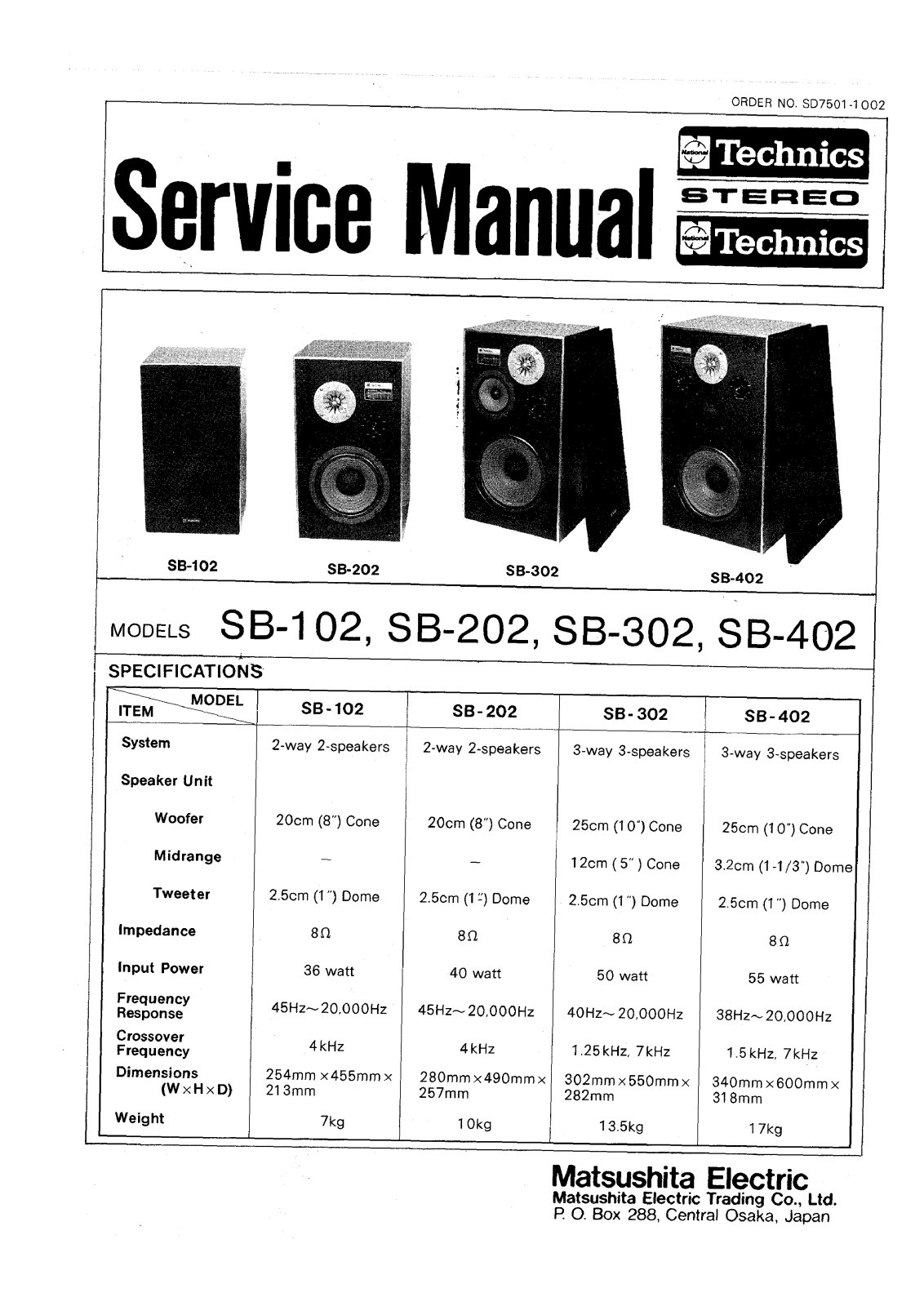 Technics SB-102, SB-202, SB-302, SB-402 Service Manual