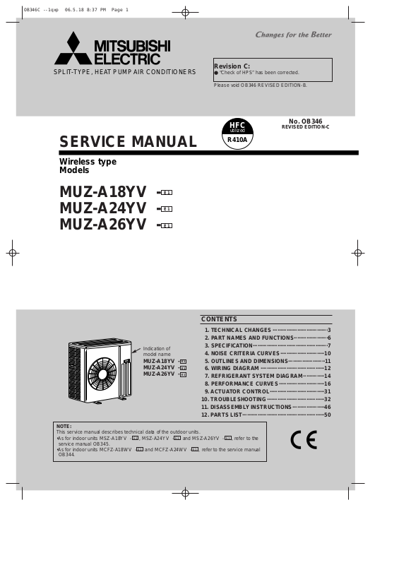 Mitsubishi MUZ-A18YV-E1, MUZ-A24YV-E1, MUZ-A26YV-E1 Service Manual