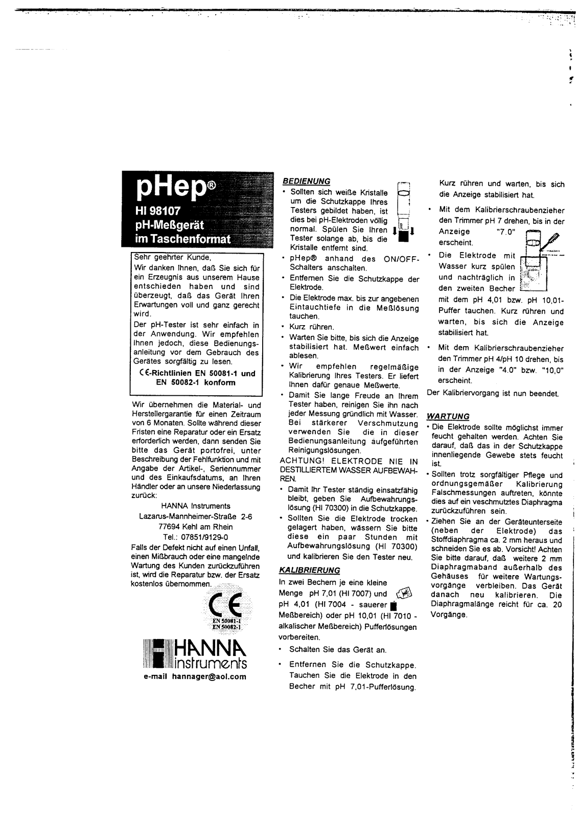 Hanna Instruments HI 98107 PHEP User guide