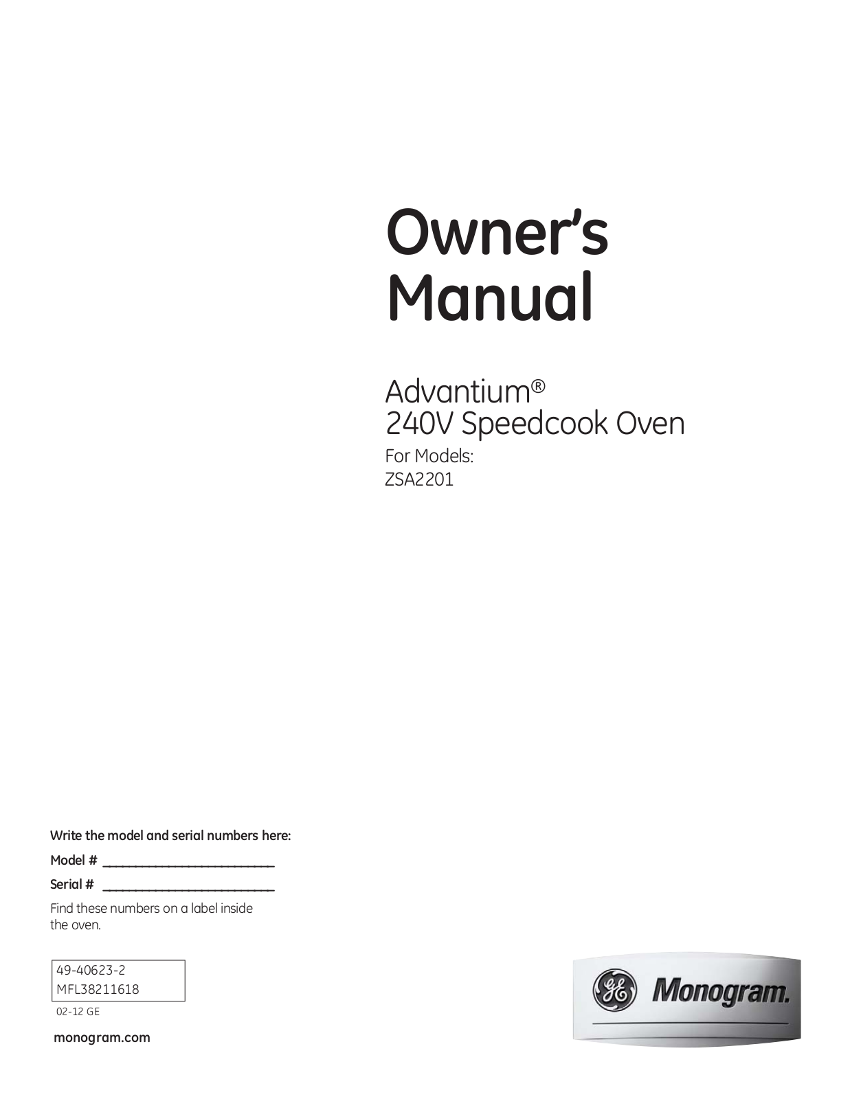 GE Monogram ZSA2201RSS Owner's Manual