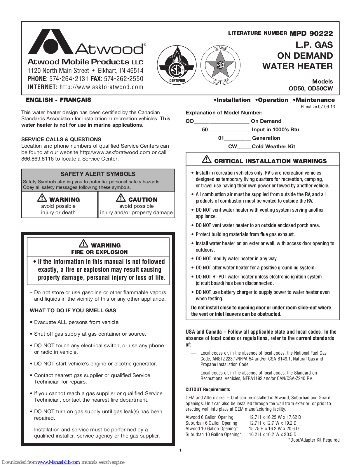 Atwood OD50, OD50CW Operating & Maintenance Instructions