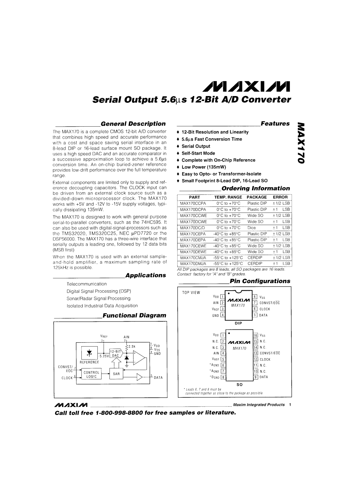 Maxim MAX170DMJA, MAX170DCWE, MAX170DCPA, MAX170DC-D, MAX170CMJA Datasheet
