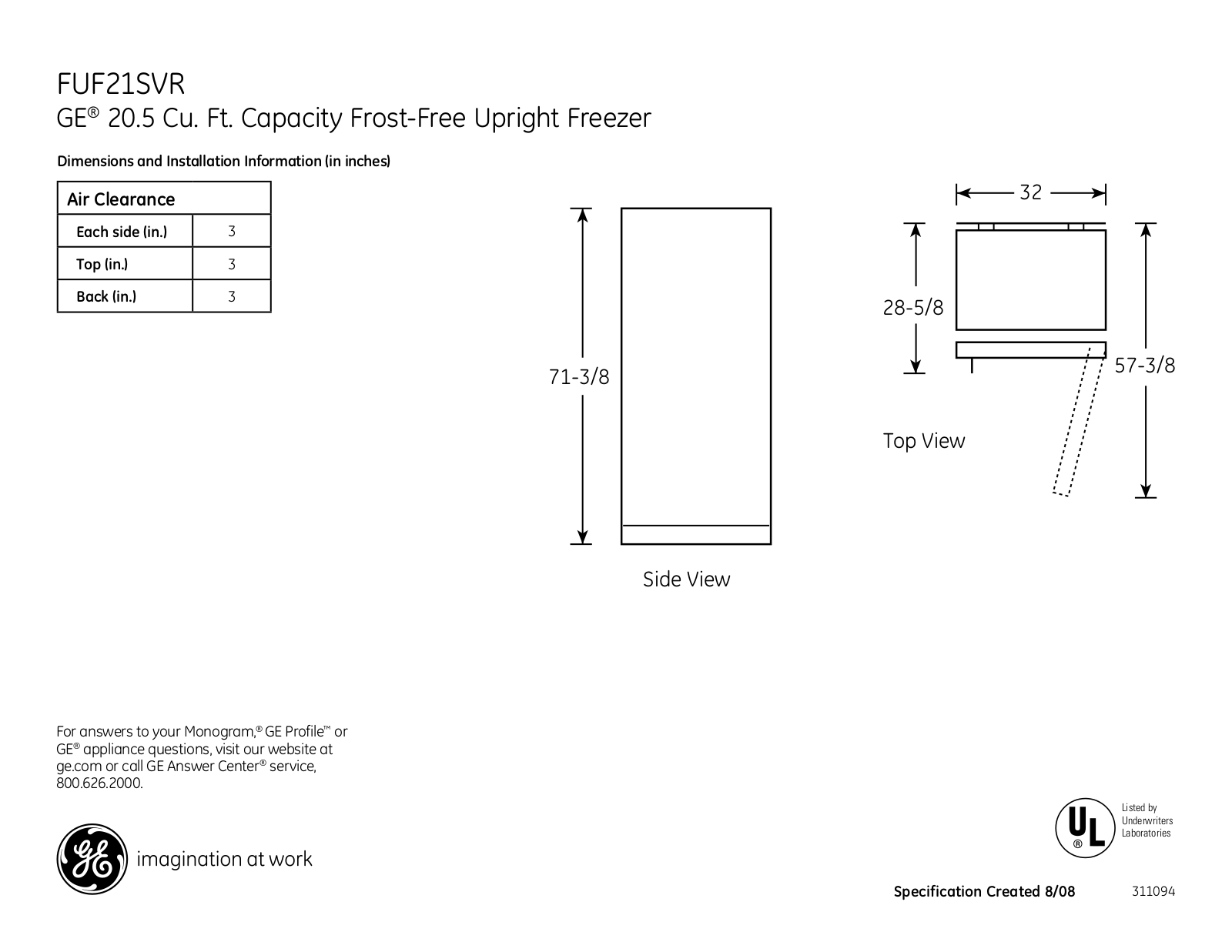 General Electric FUF21SVRWW Specifications