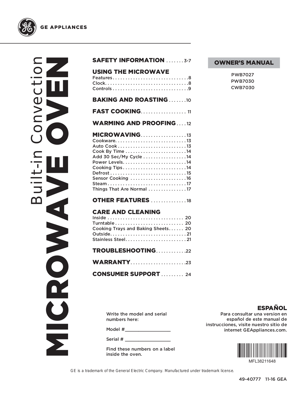 GE PWB7027, CWB7030, PWB7030 Owner's Manual