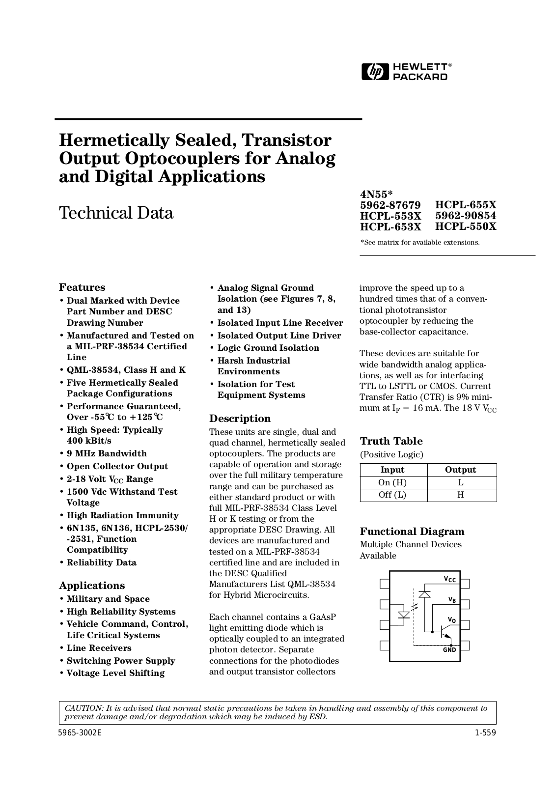 HP HCPL-553K, HCPL-5531, HCPL-5530, HCPL-550K, HCPL-655K Datasheet