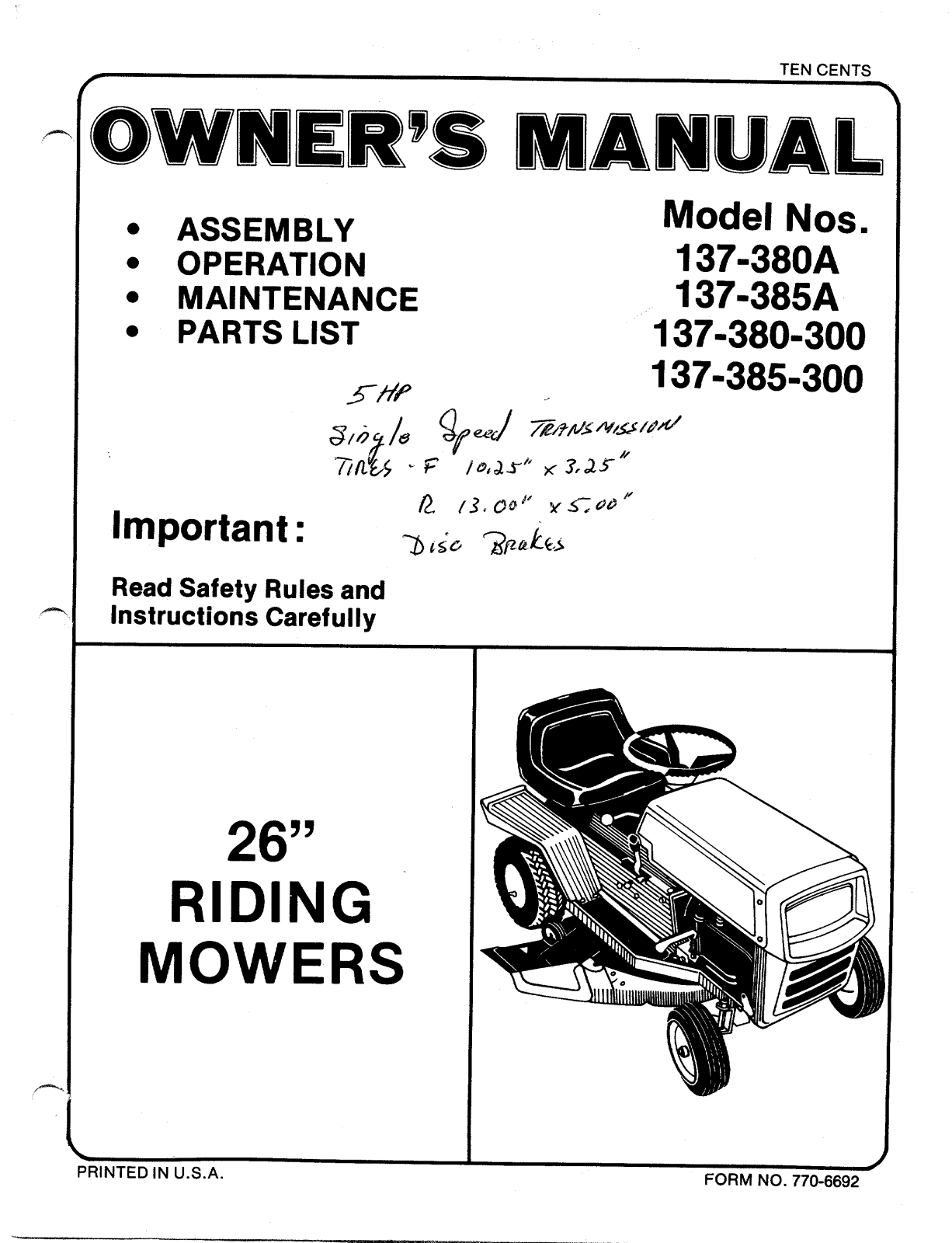 MTD 137-380A, 137-385-300, 137-380-300, 137-385A User Manual