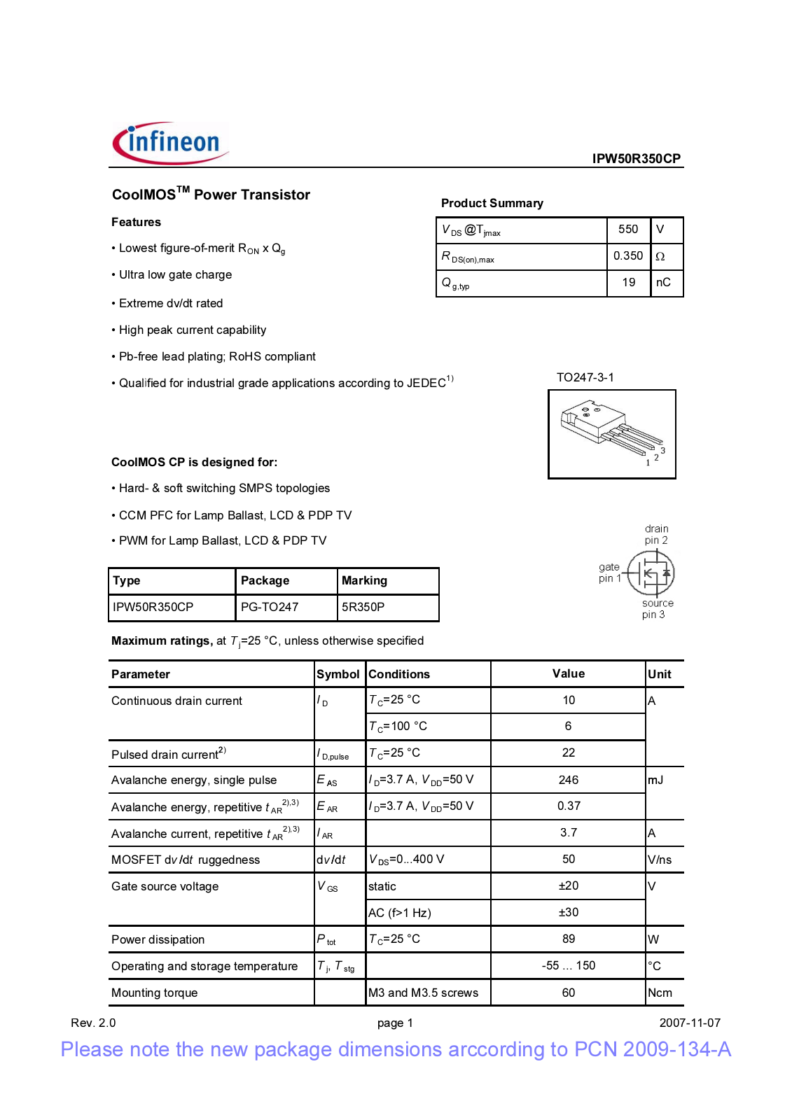 Datasheet ipw50r350cp_rev2[1].0_pcn Datasheet - ManualMachine.com
