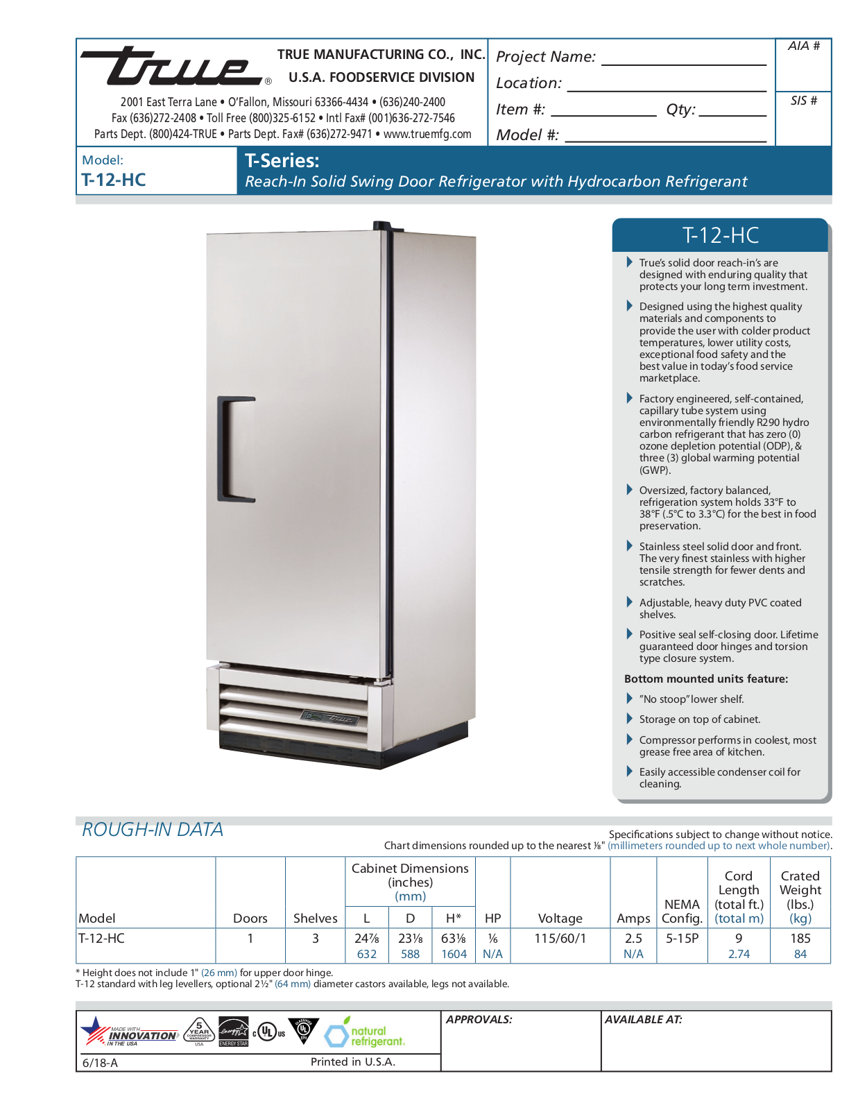 True Residential T12HC Specs