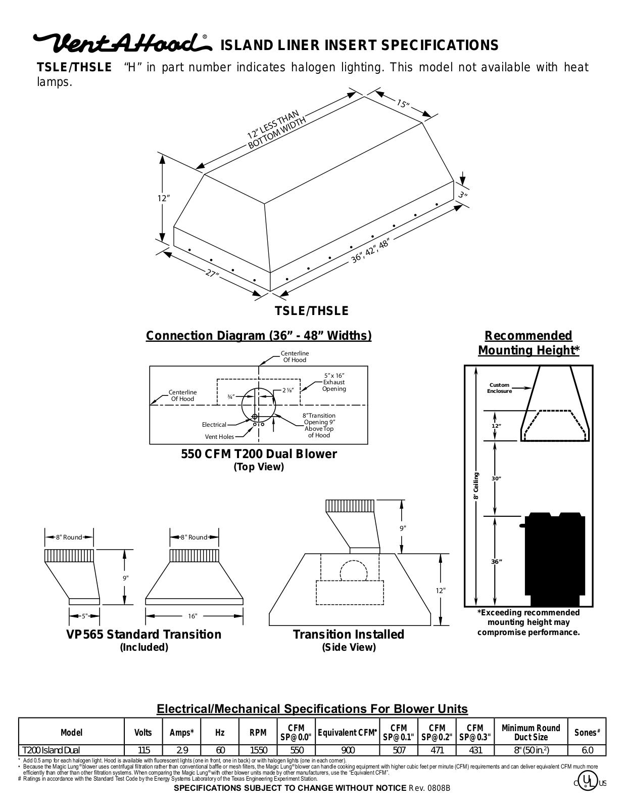 Vent-a-hood TH236SLESS Specsheet