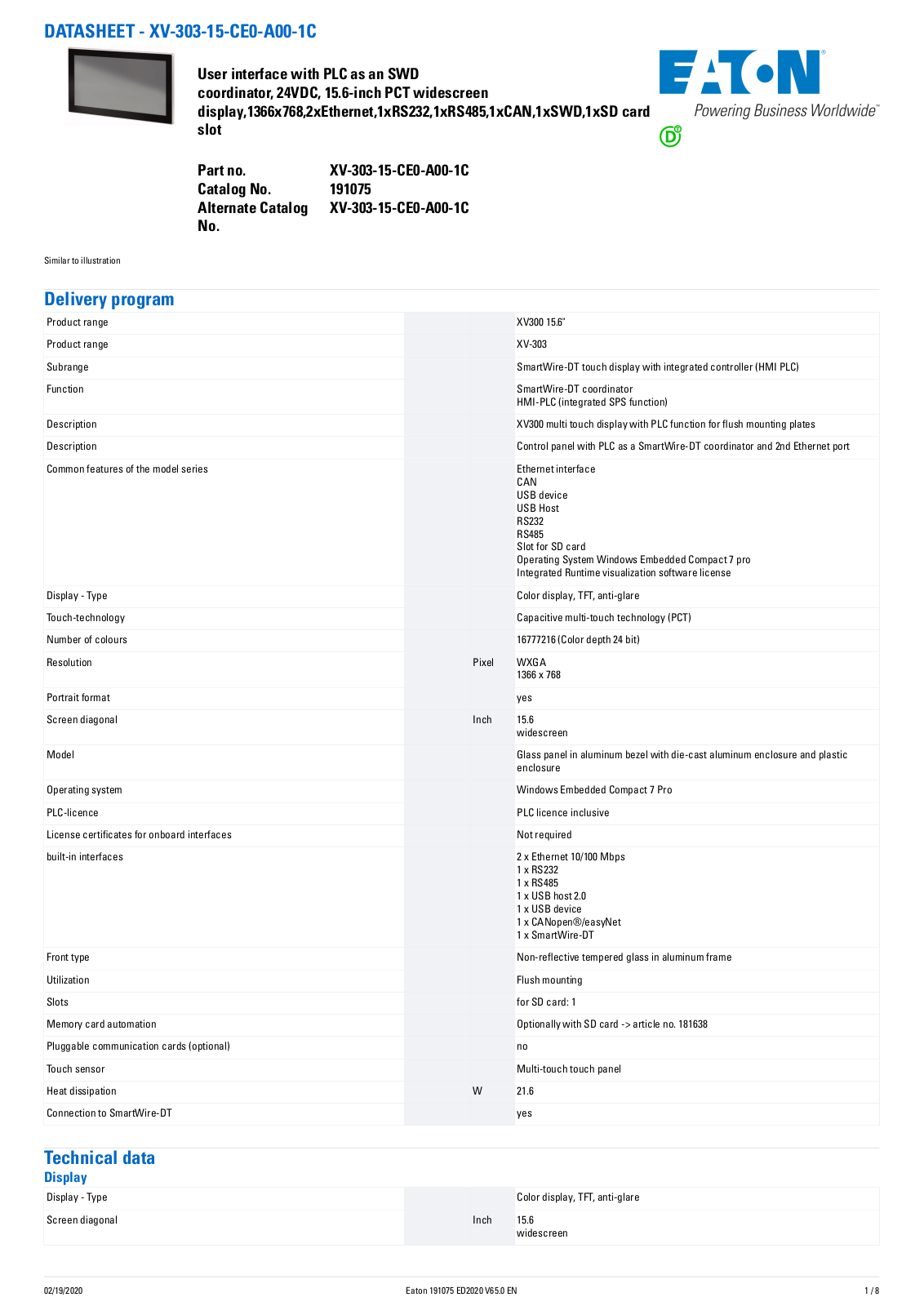 Cutler Hammer, Div of Eaton Corp XV-303-15-CE0-A00-1C Data Sheet