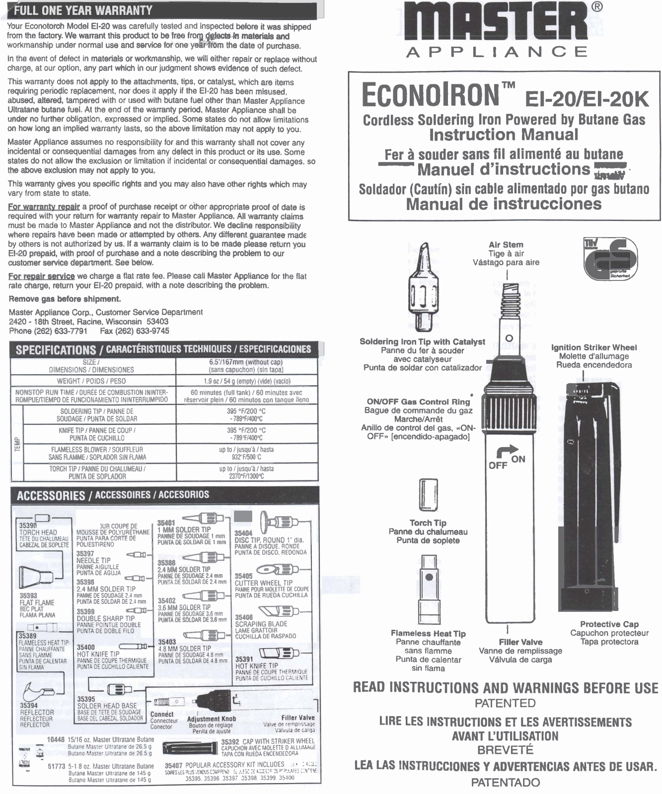 Master Appliance EI-20K, EI-20 User Manual - ManualMachine.com