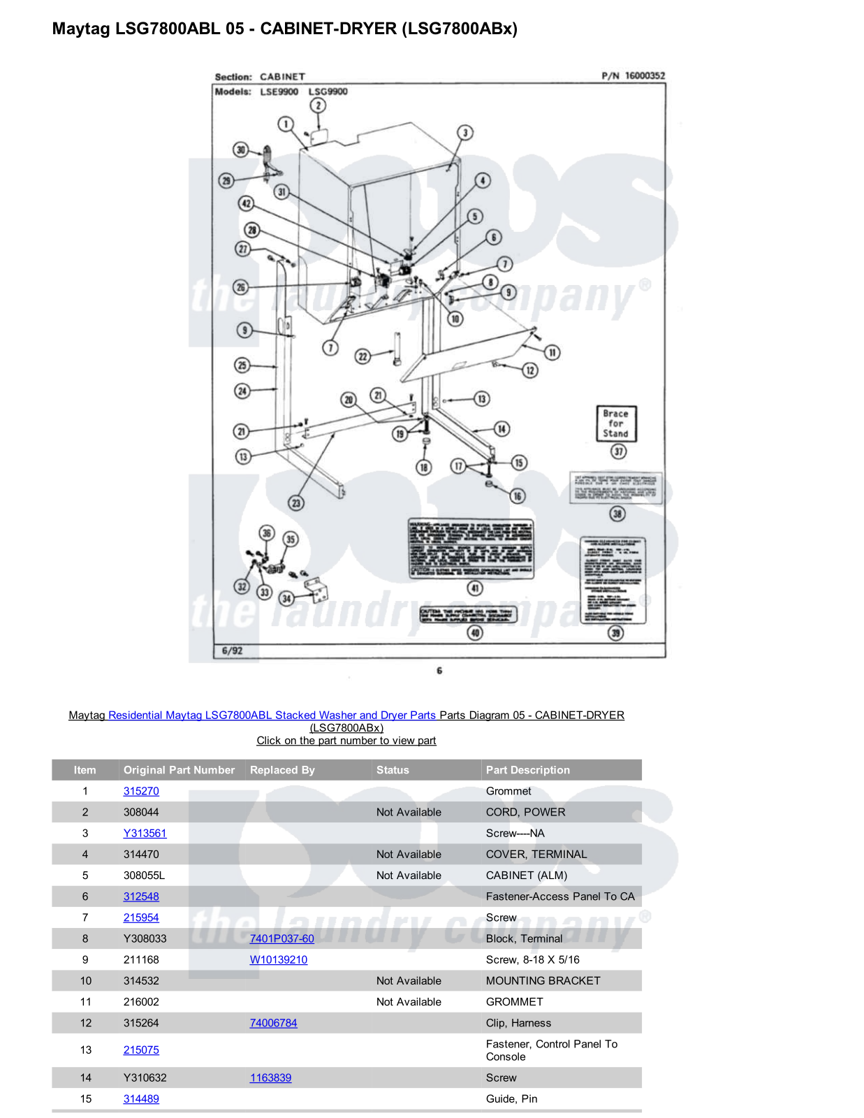 Maytag LSG7800ABL Stacked and Parts Diagram