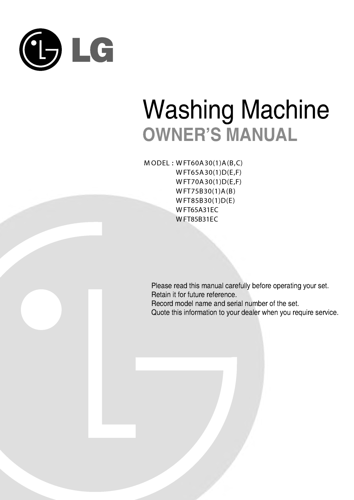 LG WFT65A31EC, WFT85B31EC User Manual