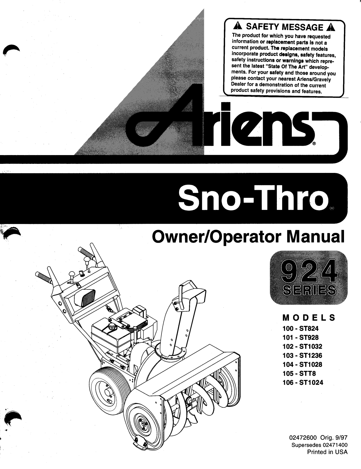 Ariens 104-ST1028, 101-ST928, 103-ST1236, 102-ST1032, 100-ST824 User Manual