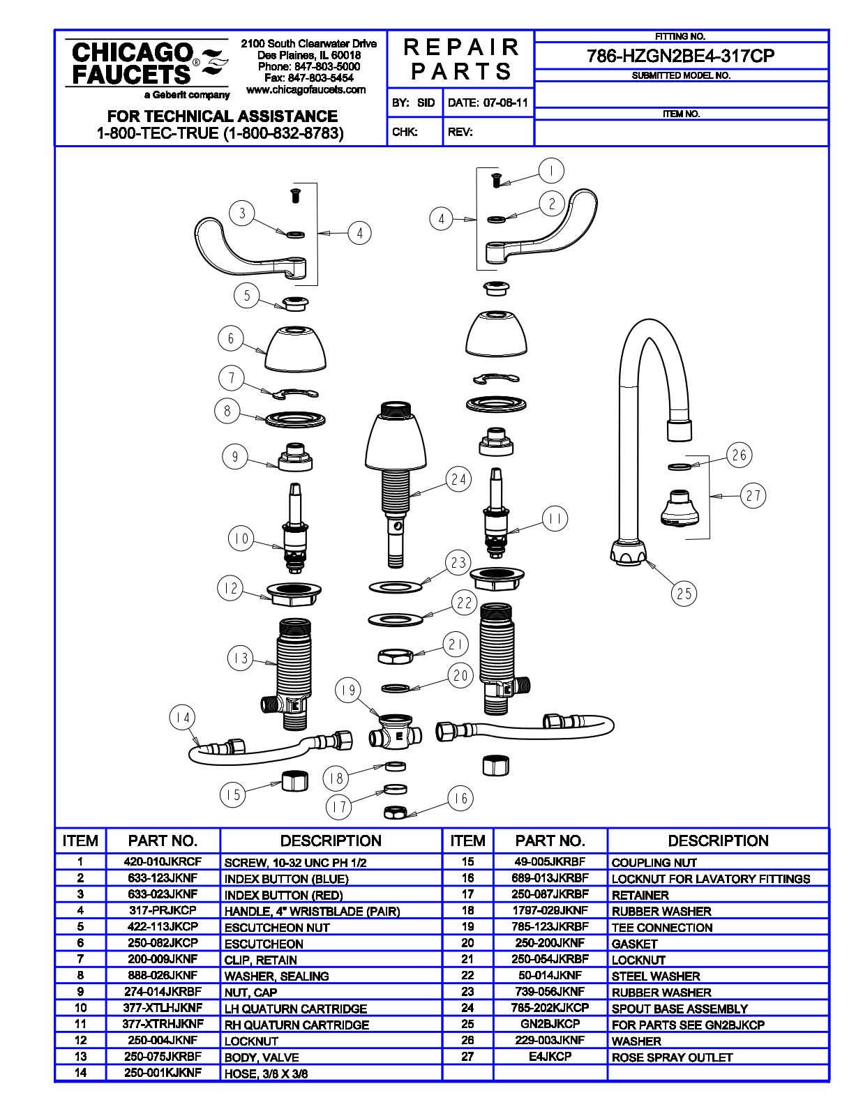 Chicago Faucet 786-HZGN2BE4-317 Parts List