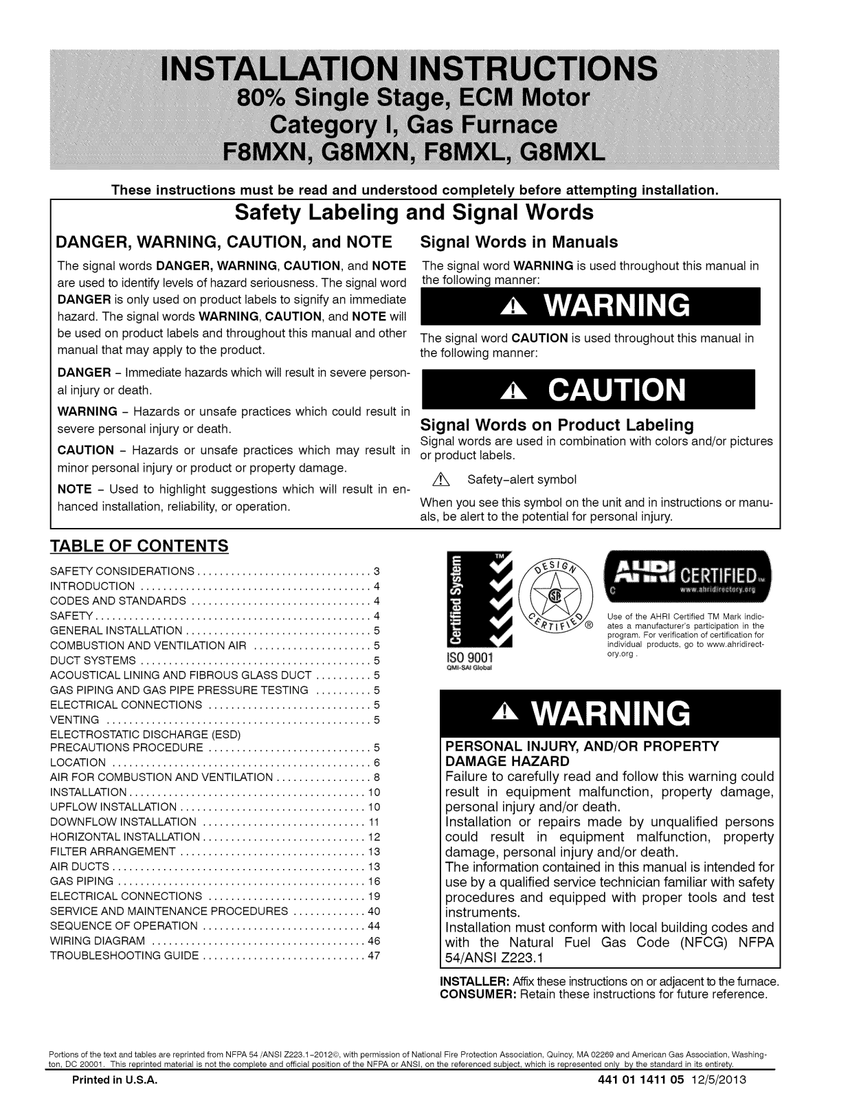 ICP F8MXL0451408A1, F8MXL0701716A1, F8MXL0902116A1, F8MXL1102120A1, F8MXL1352420A1 Installation Guide - ManualMachine.com