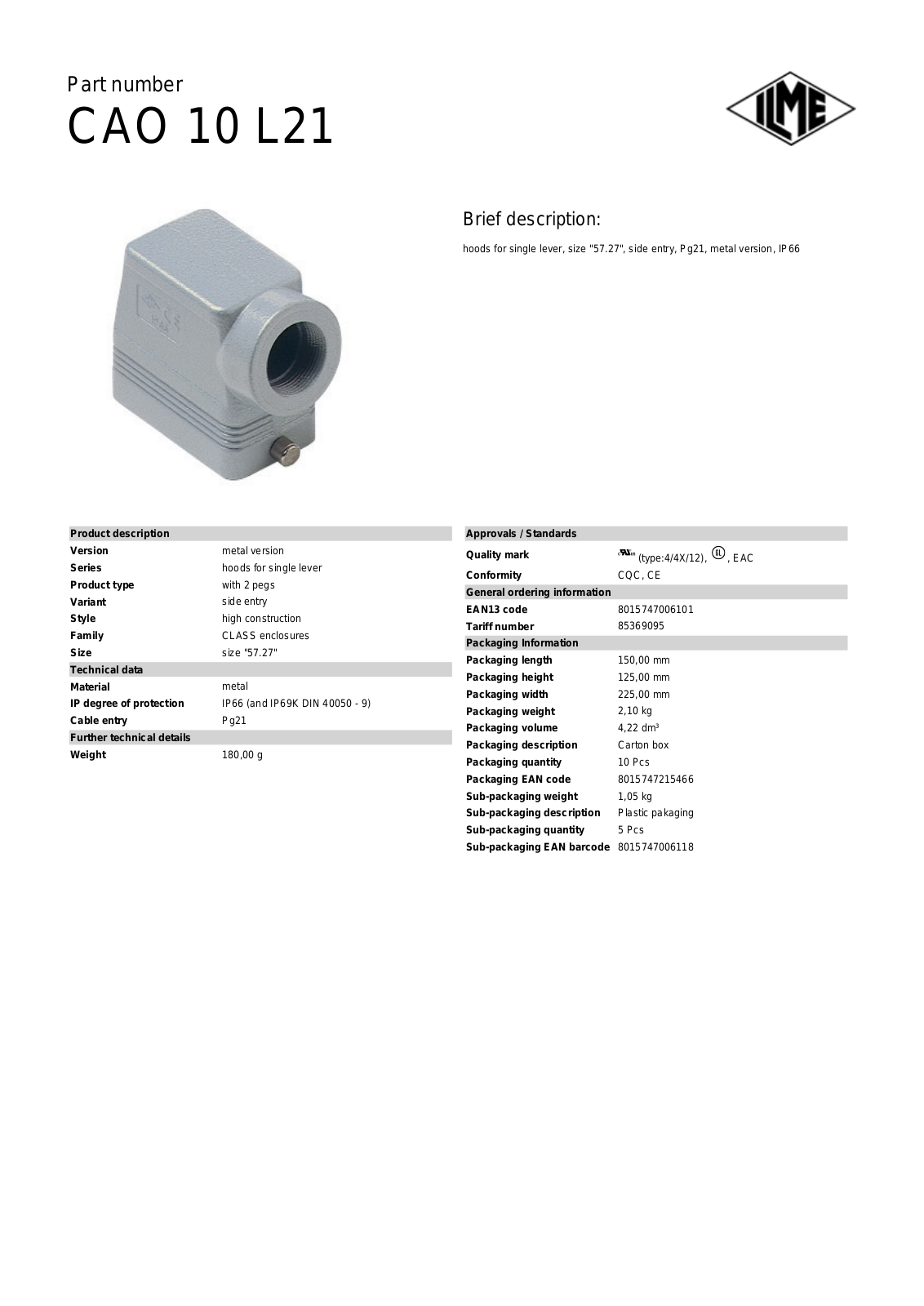 Datasheet CAO-10L21 Datasheet (ILME) - ManualMachine.com