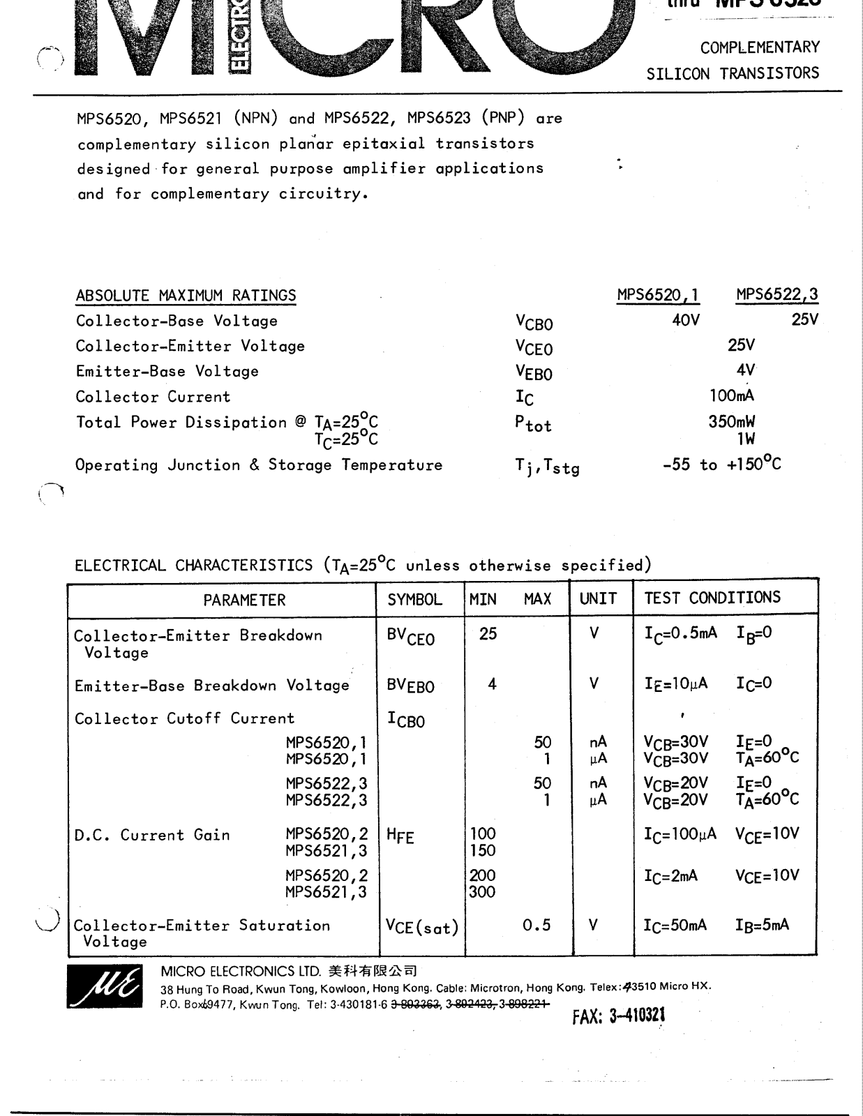 MICRO MPS6522, MPS6523, MPS6520, MPS6521 Datasheet