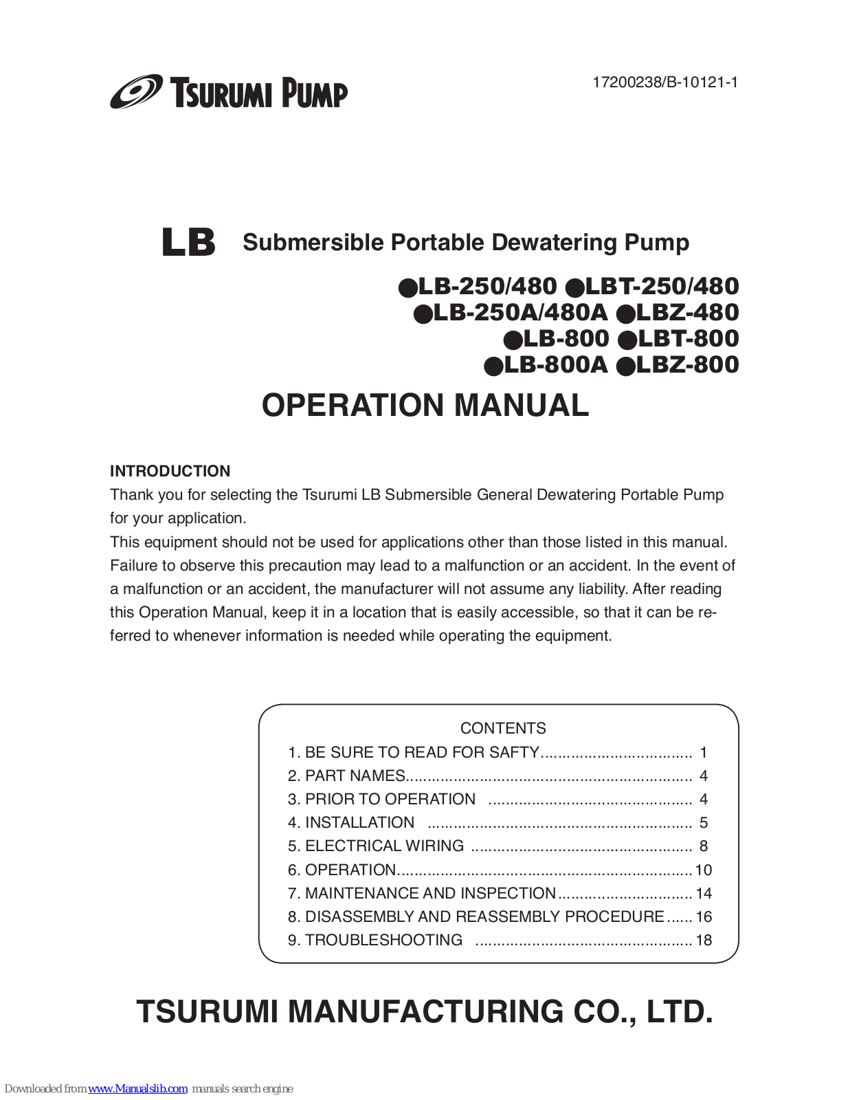 Tsurumi Pump LB-250, LB-480, LB-250A, LB-480A, LB-800 Operation Manual