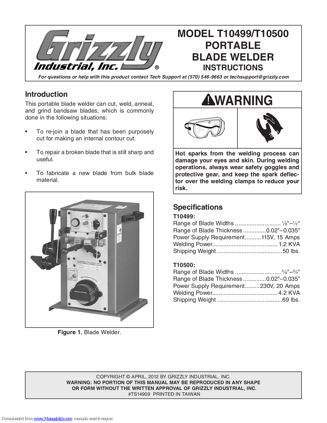 Grizzly T10500 Instructions Manual