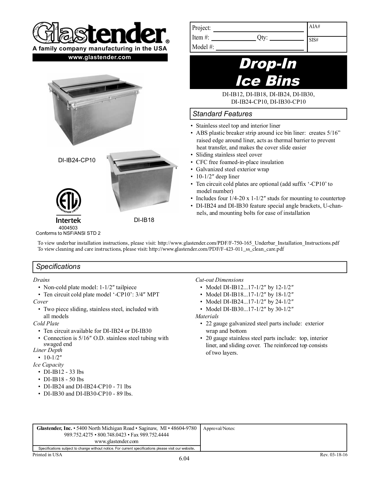 Glastender DI-IB12 User Manual