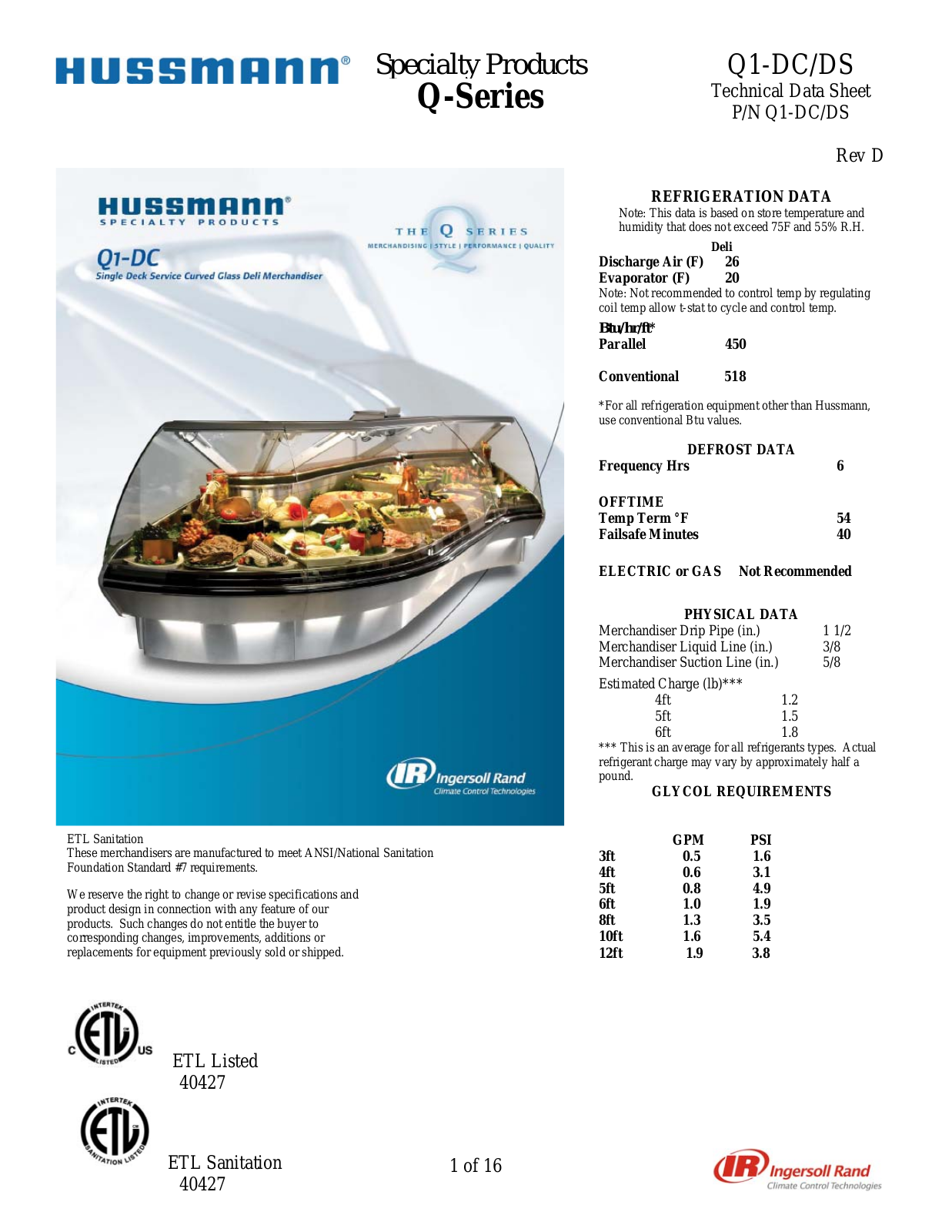 Hussmann Q1-DC Specifications