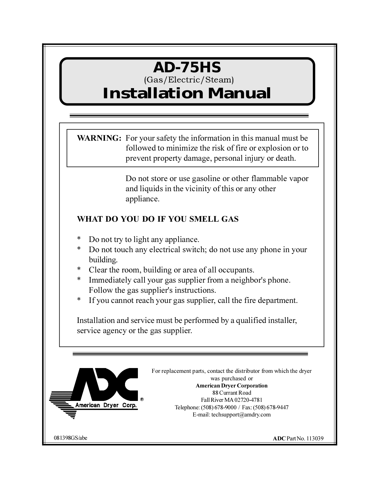 American Dryer Corp AD-75HS User Manual