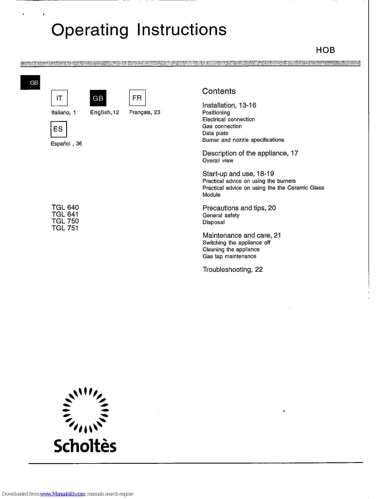 SCHOLTES TGL 640,TGL 750,TGL 641,TGL 751 Operating Instructions Manual