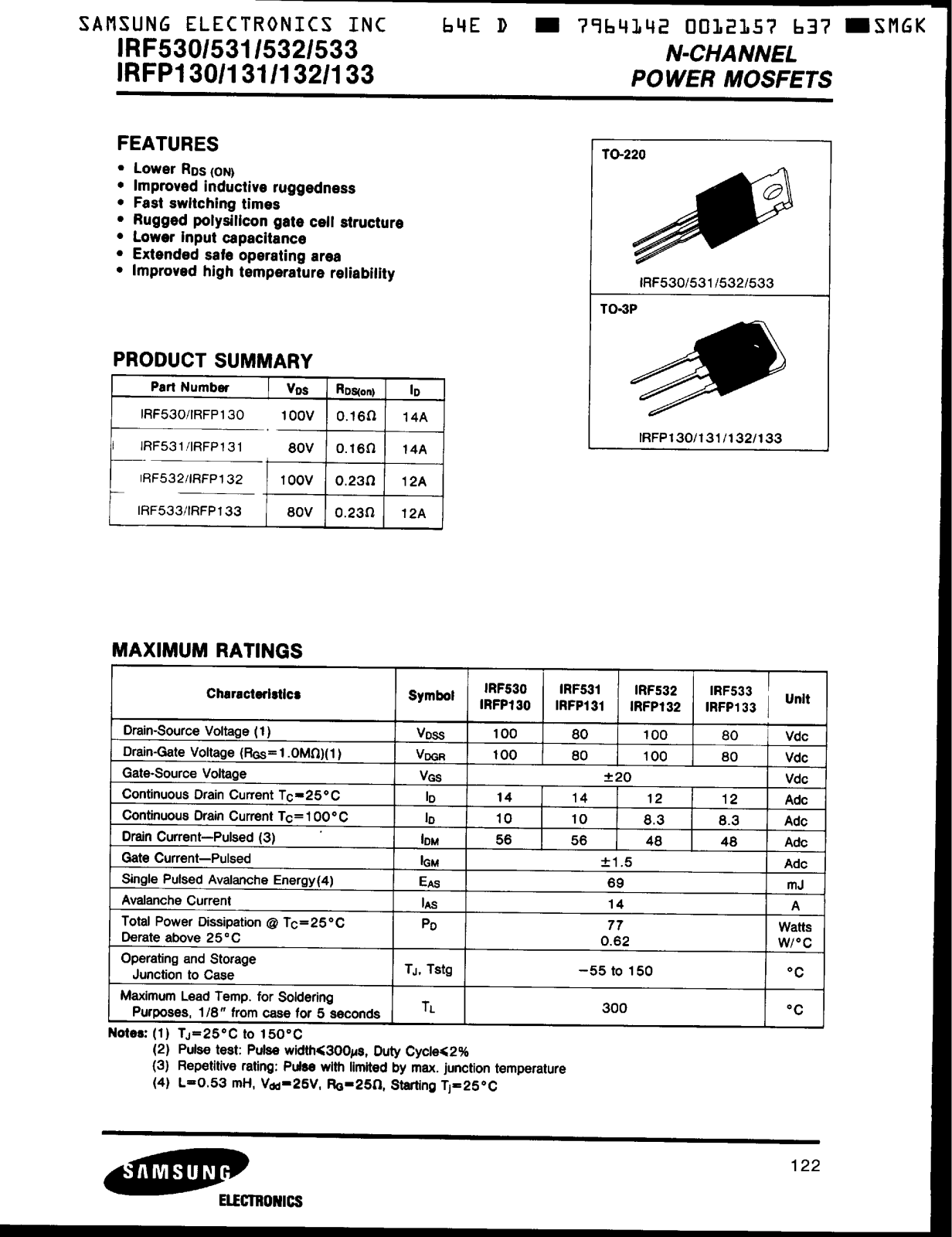 Samsung IRFP130, IRFP133, IRFP132, IRFP131, IRF530 Datasheet