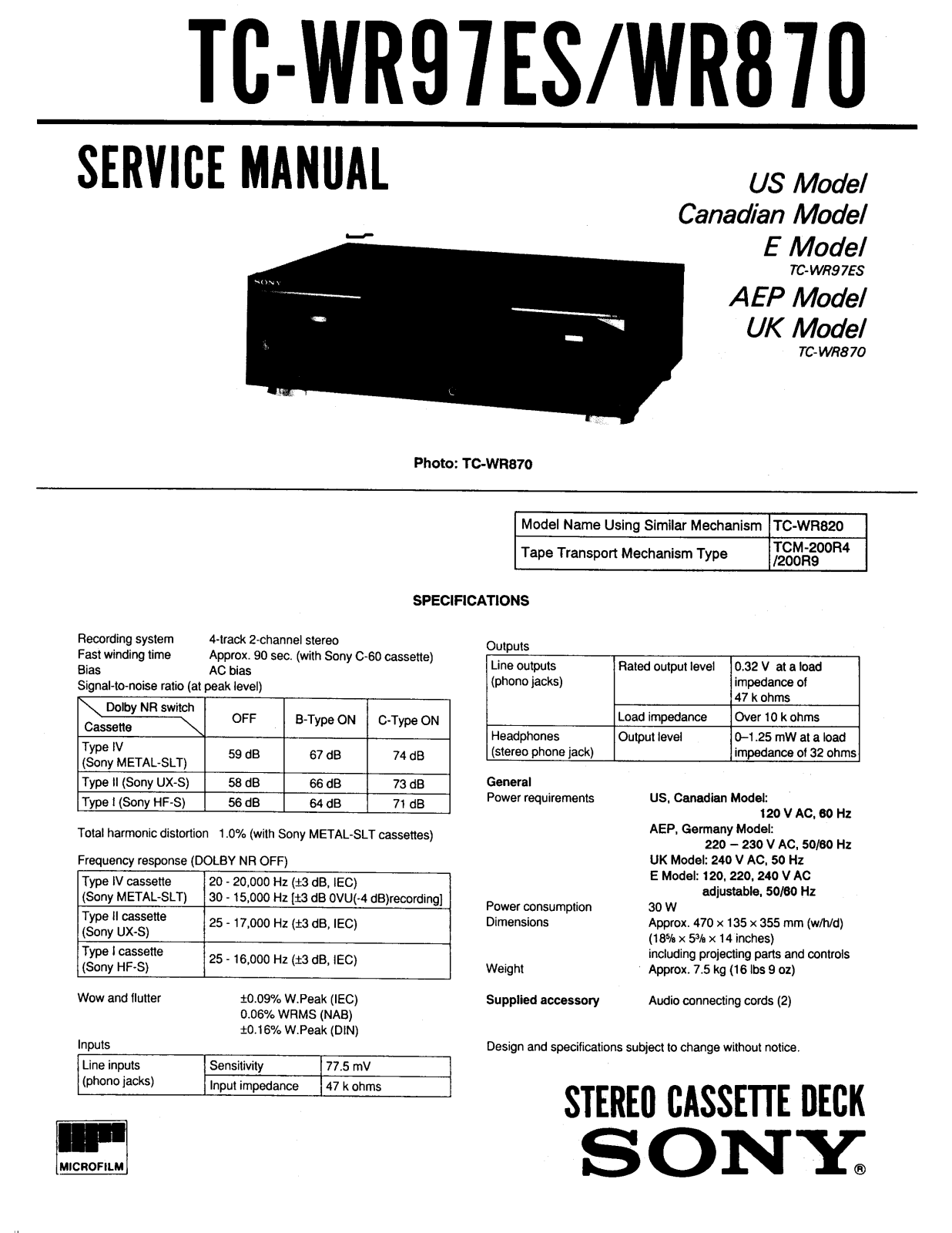 Sony TC-WR870 Service manual