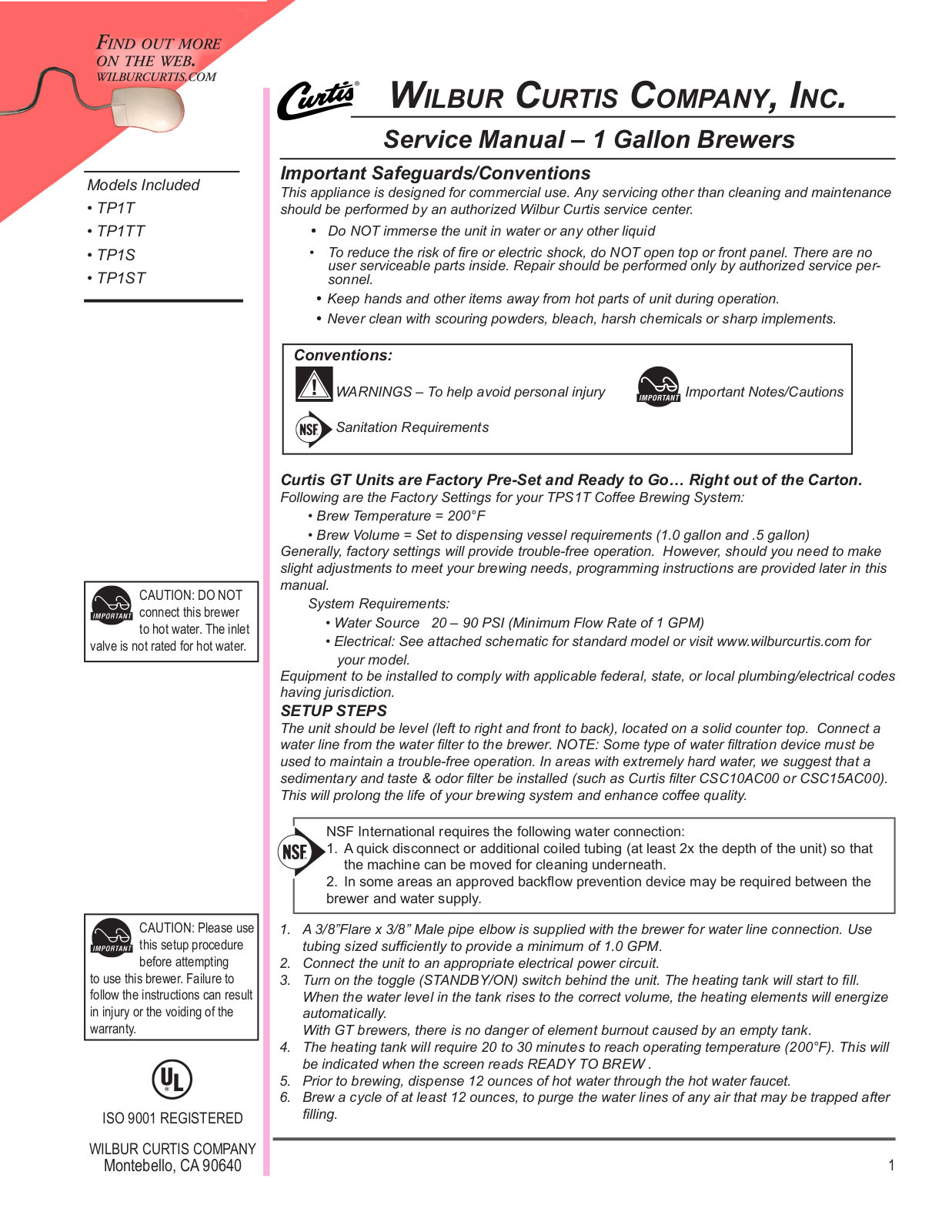 Wilbur Curtis Company TP1T, TP1TT, TP1S, TP1ST Service Manual