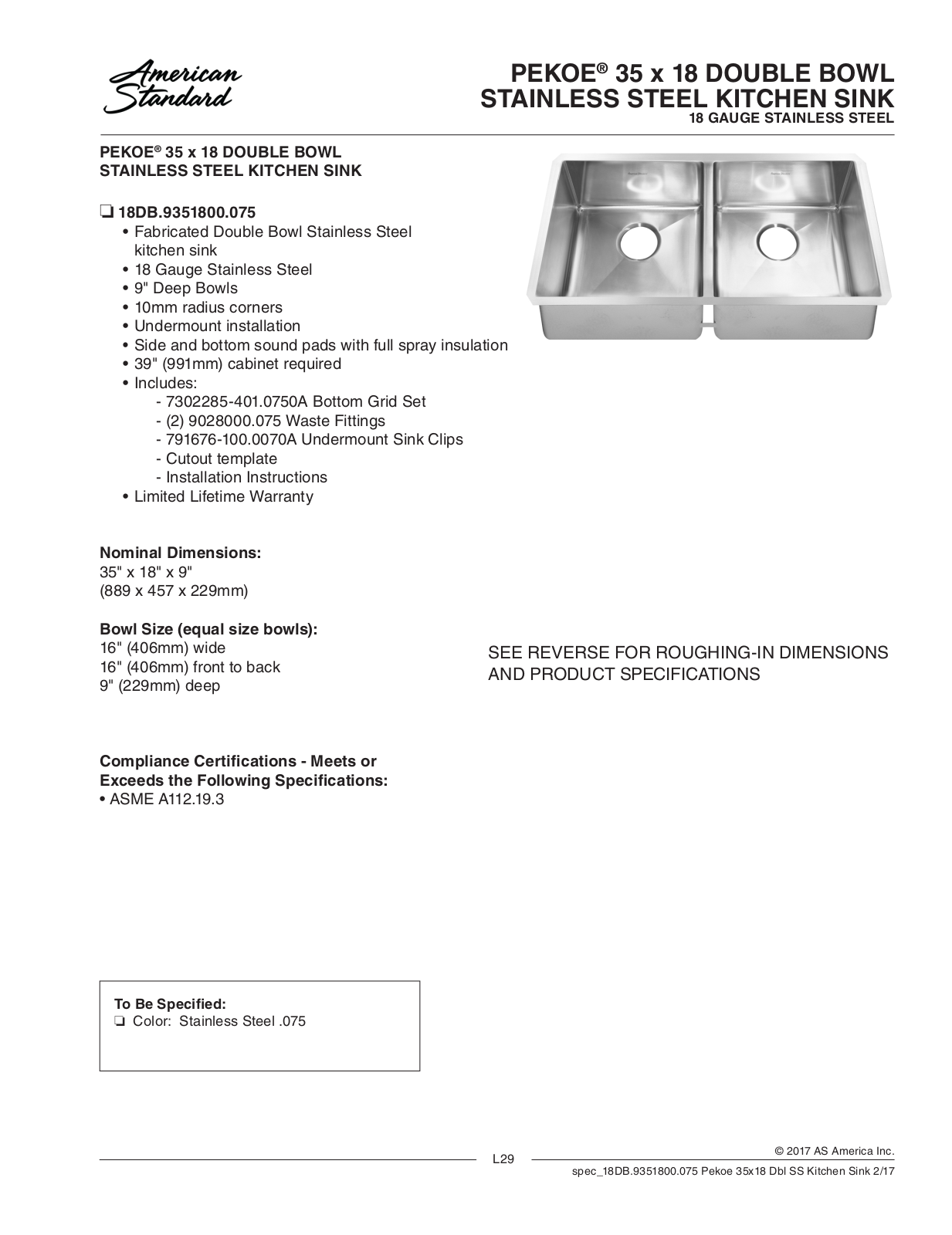 American Standard ASD10329 Specification Sheet - ManualMachine.com