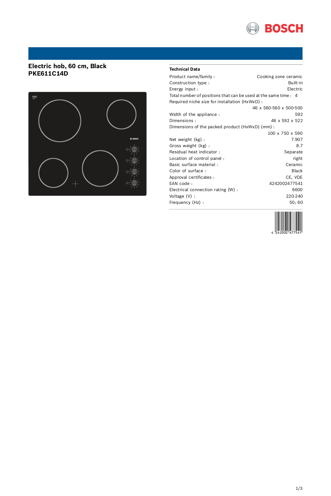 Bosch PKE611C14D Product spec sheet