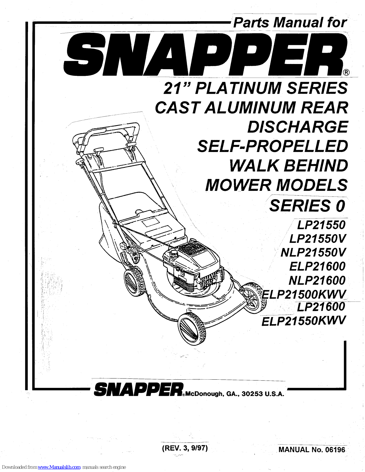 Snapper ELP21550KWV, ELP21600, LP21550V, LP21600, NLP21550V Parts Manual