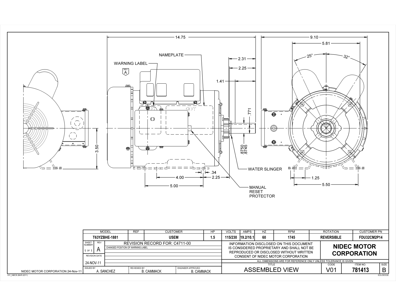 US Motors FDU32CM2P14 Dimensional Sheet