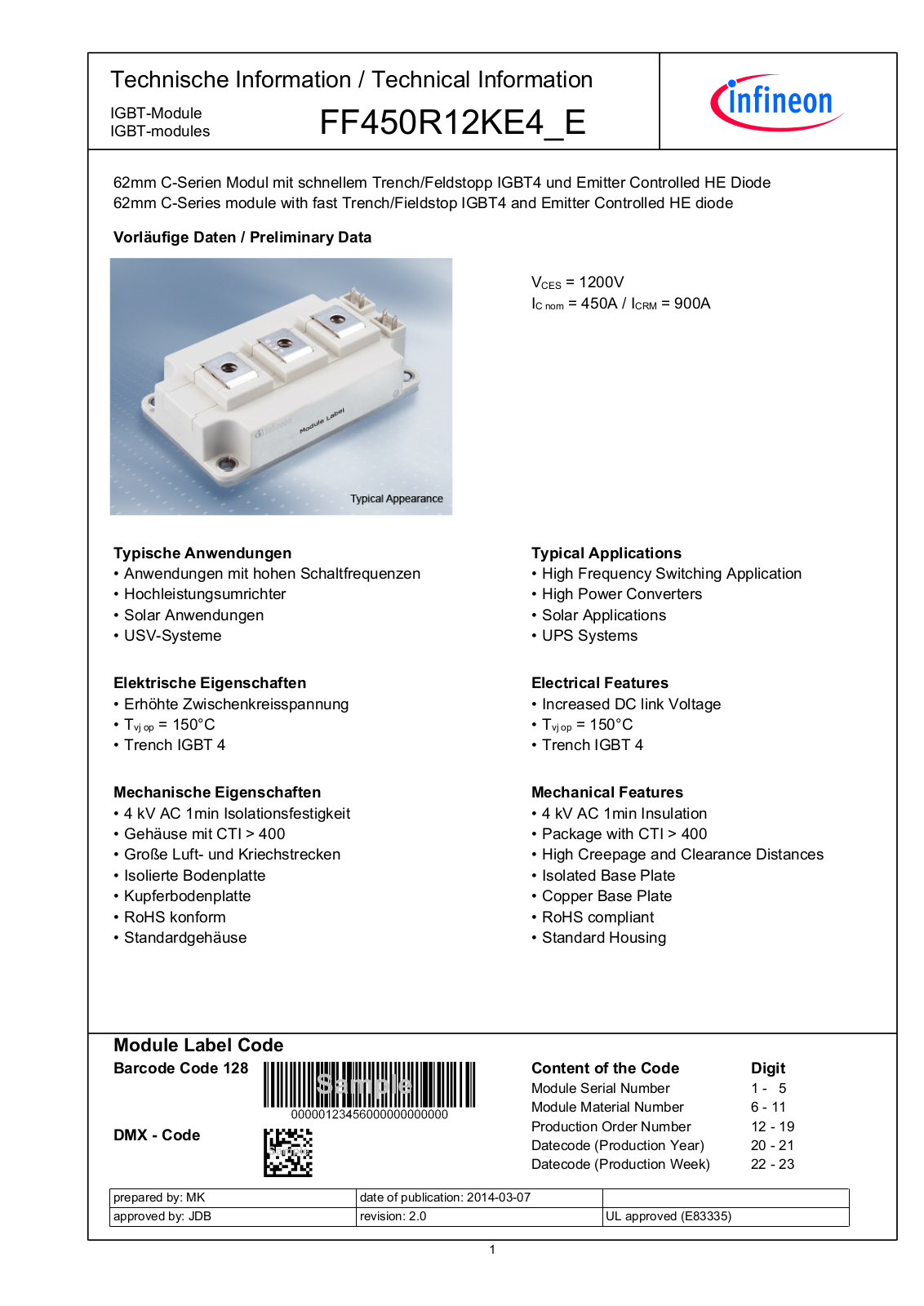 Infineon FF450R12KE4_E Data Sheet