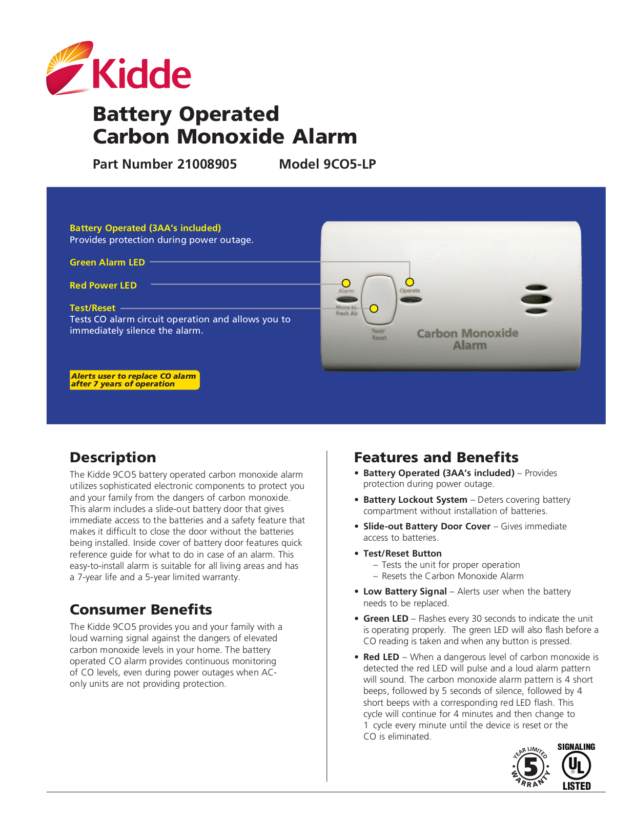 Kidde 9CO5-LP User Manual