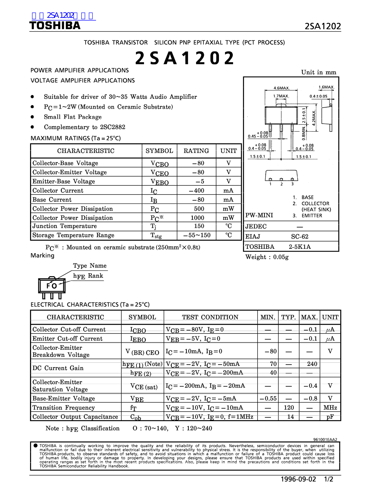 TOSHIBA 2SA1202 Service manual