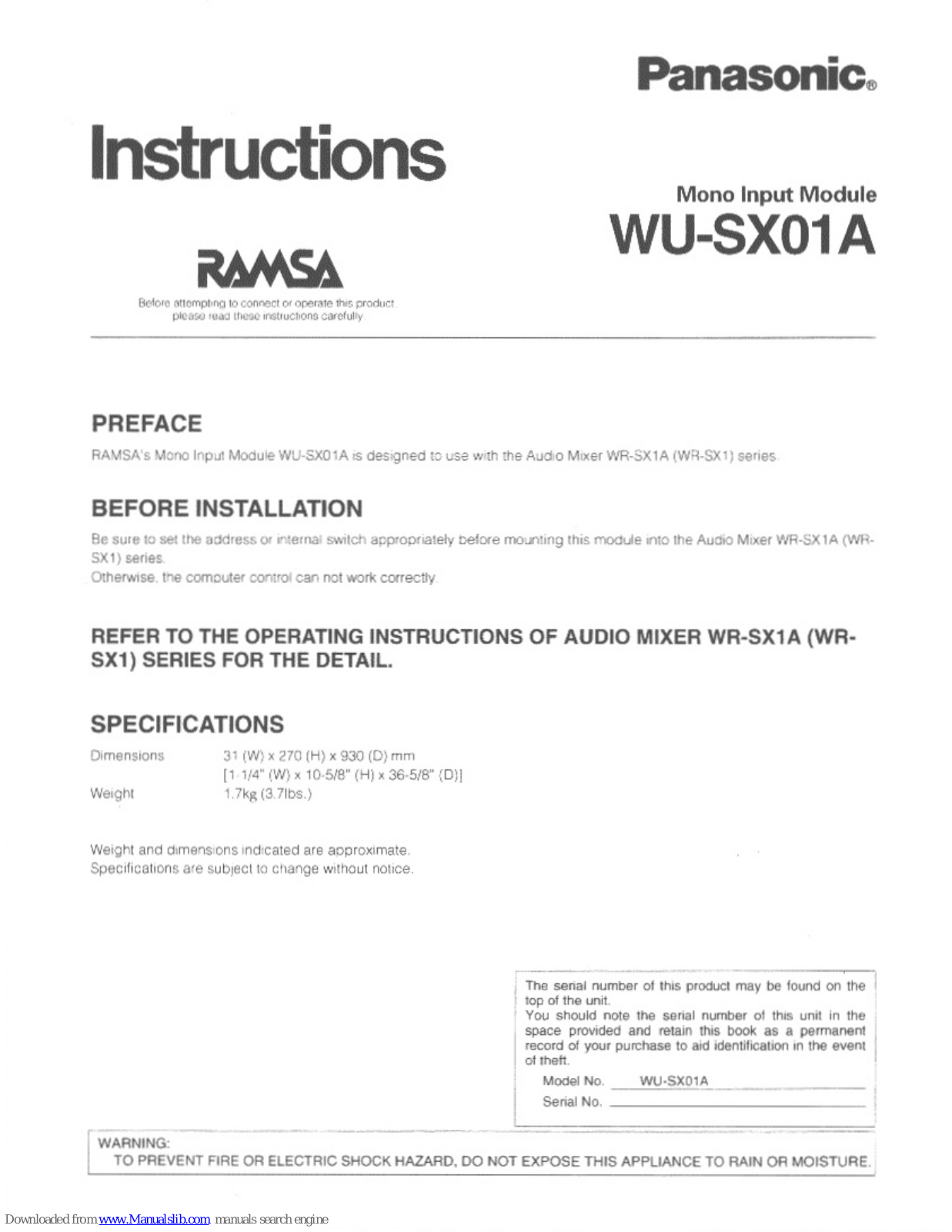 Panasonic Ramsa WU-SX01A Instructions Manual