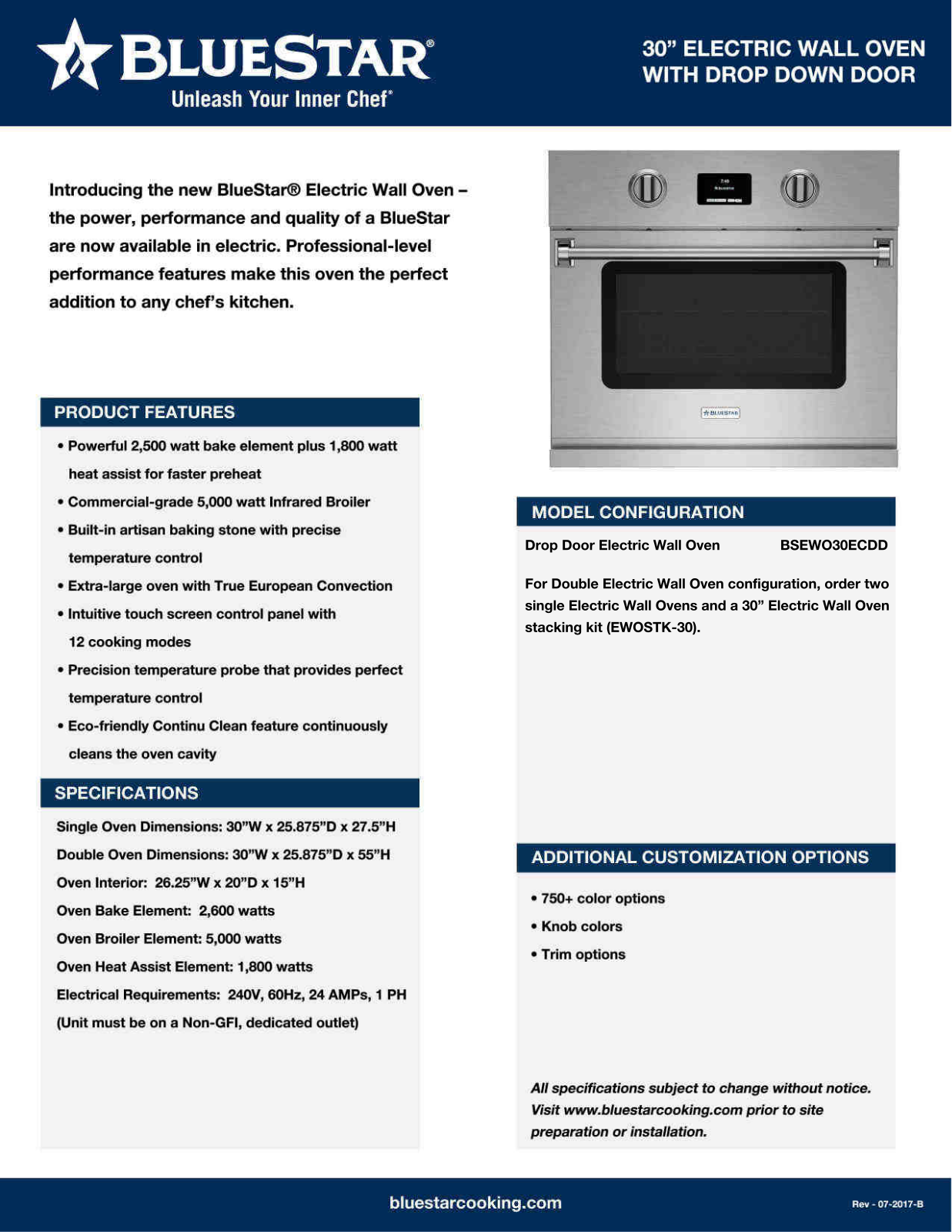 BlueStar BSEWO30DD Specification Sheet