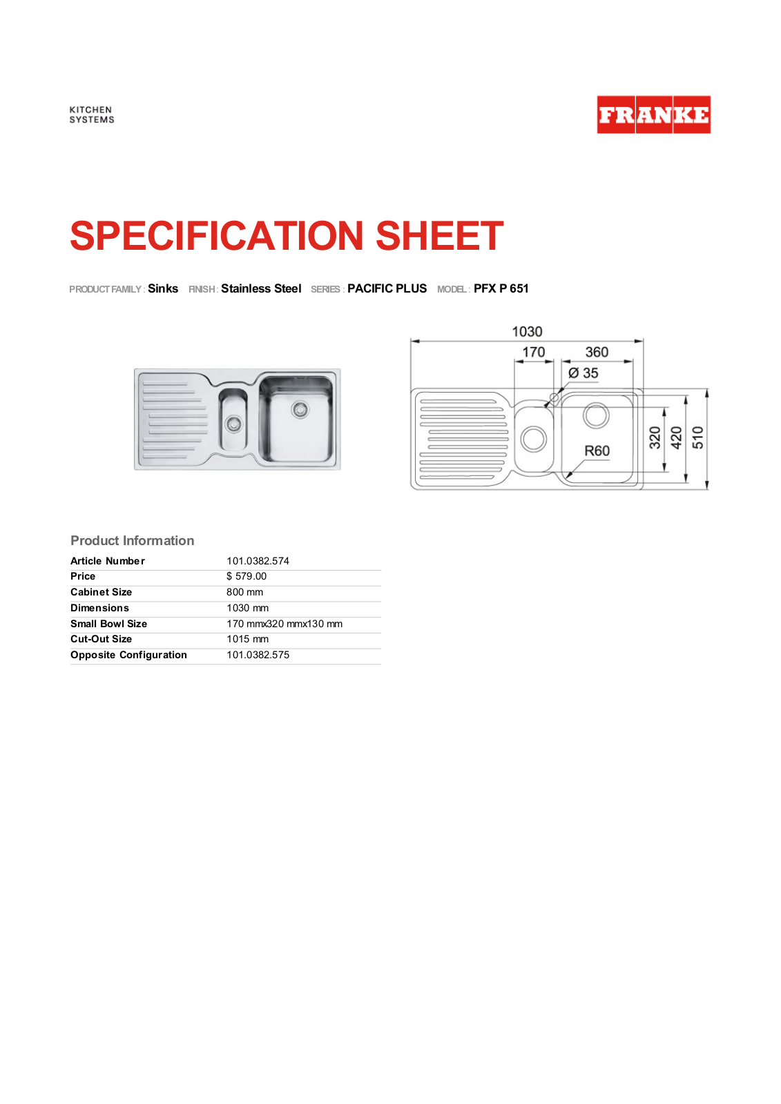 Franke PFX-P651LHD Specifications Sheet