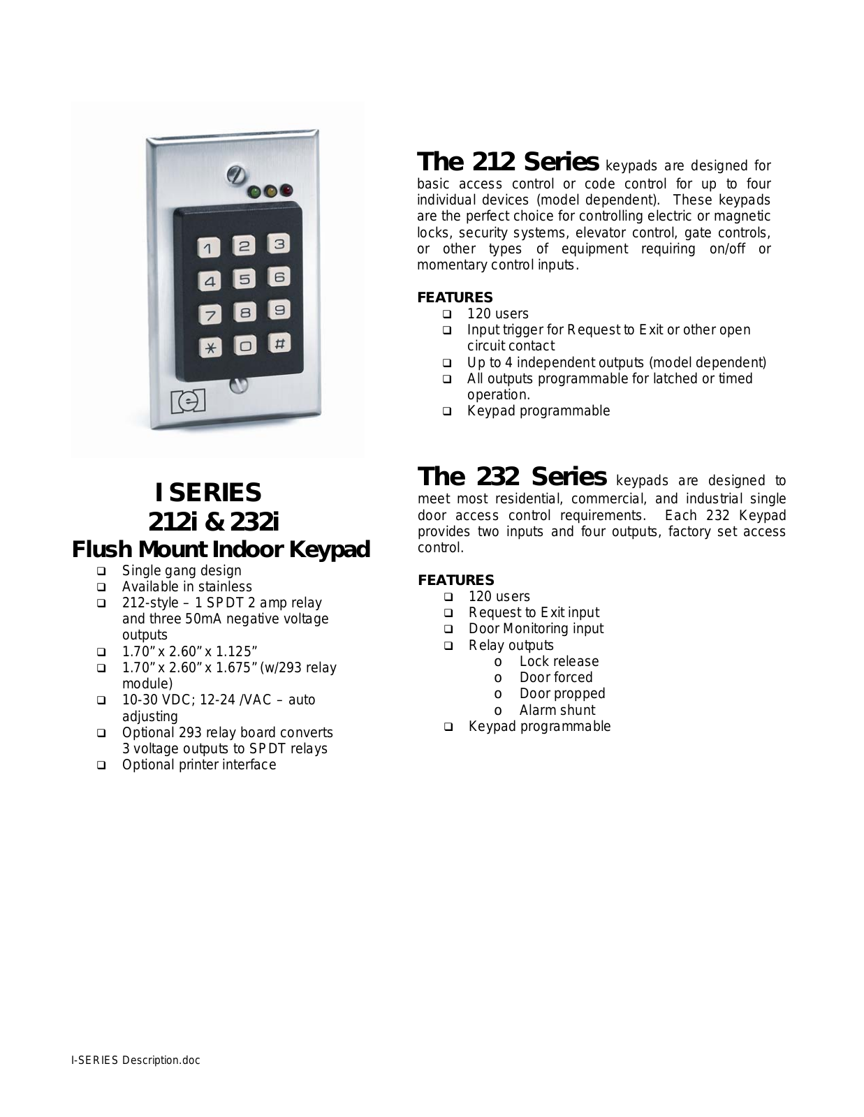 Linear 212i, 232i Specsheet