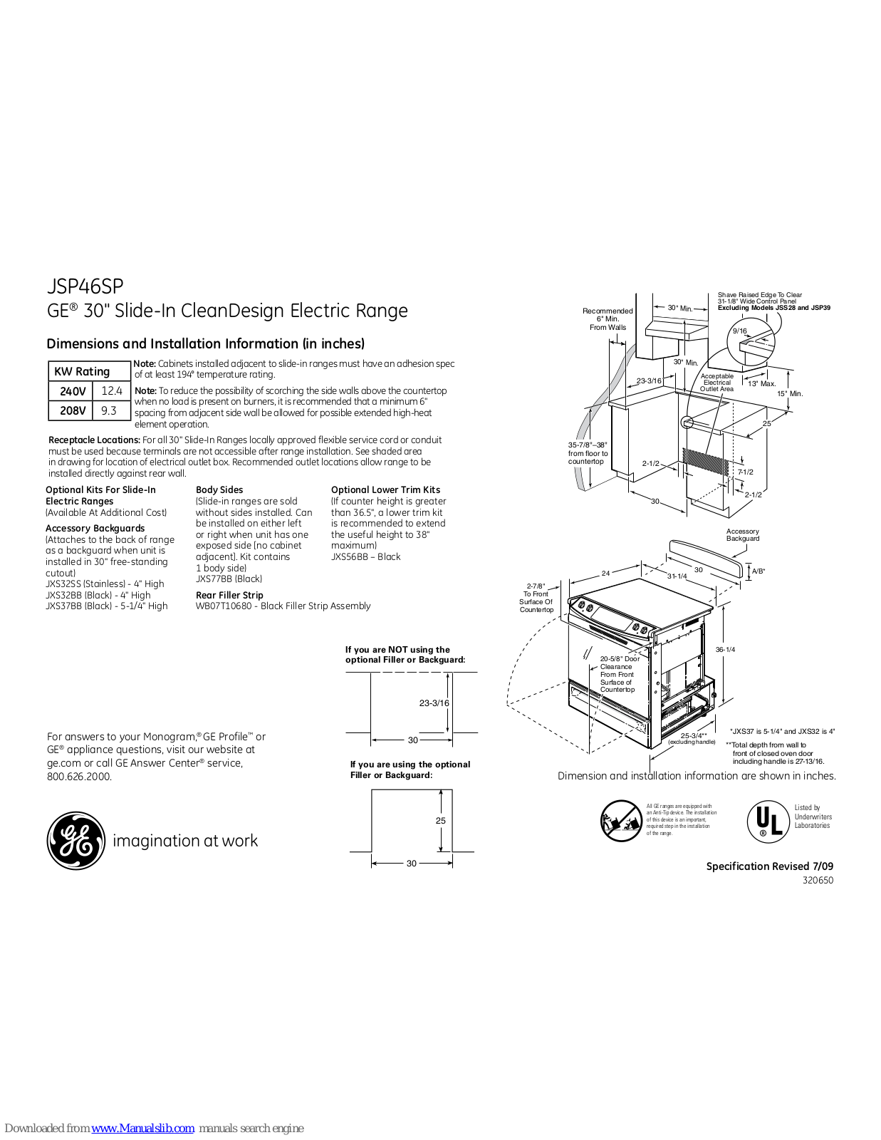 GE JSP46SPSS, JSP46SP, JXS32BB, JXS32SS, JXS37BB Dimensions And Installation Information