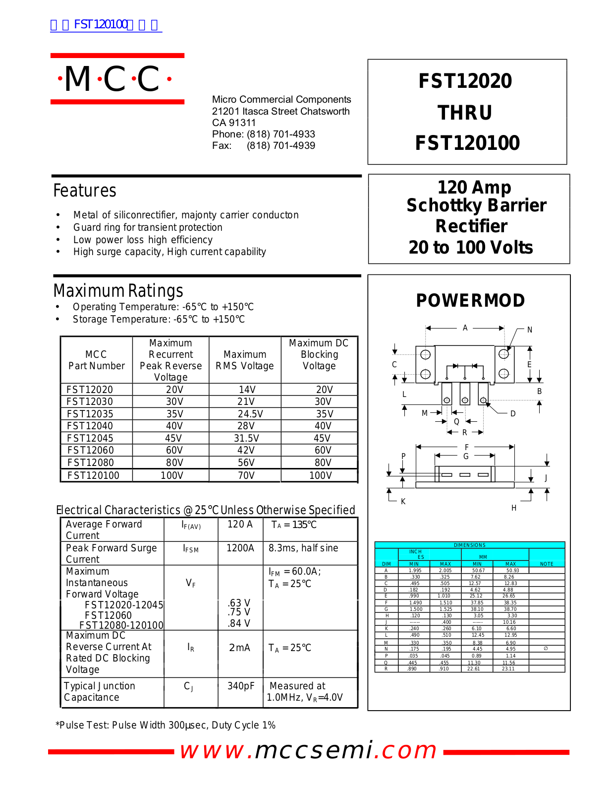 Micro Commercial Components FST12020, FST120100 Technical data