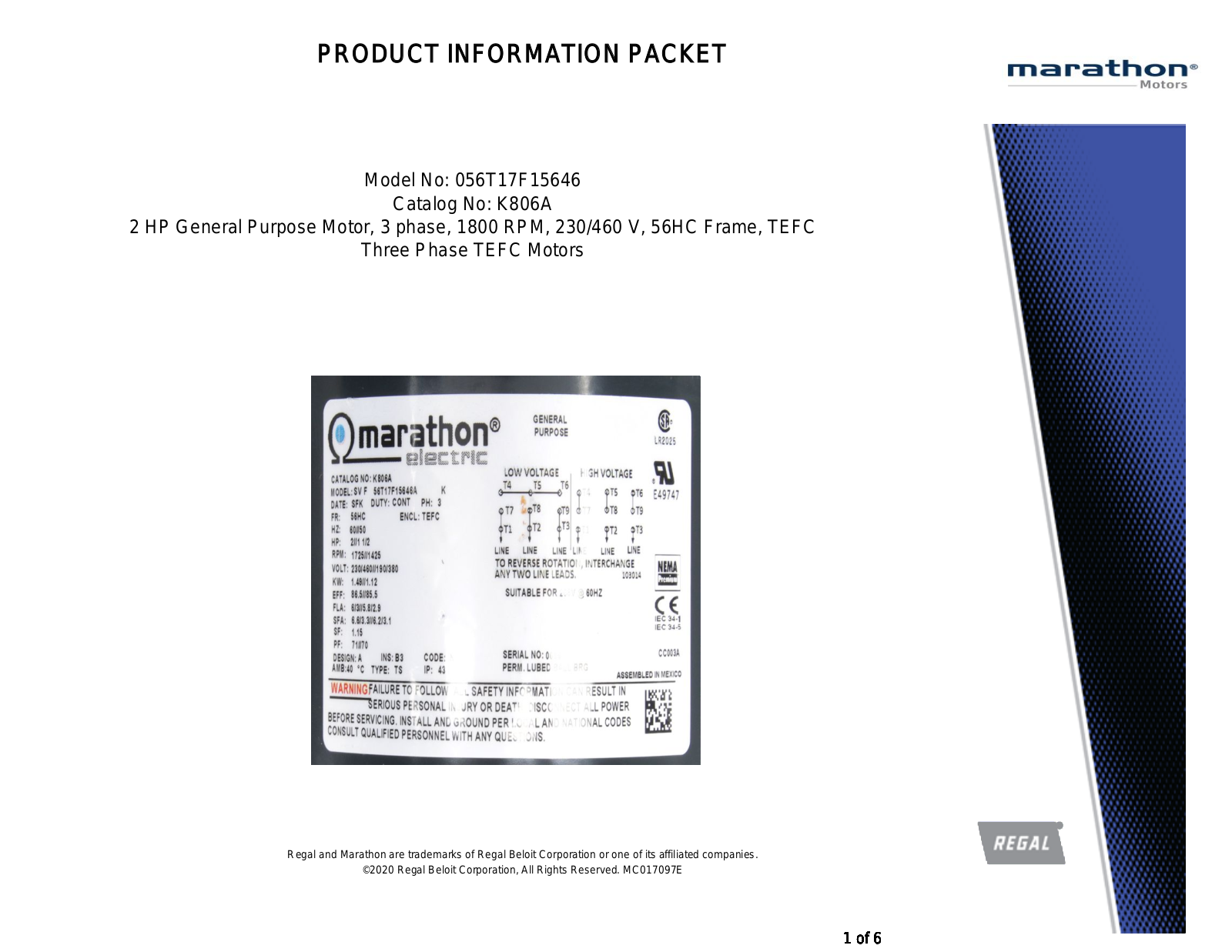 Marathon Electric K806A Product Information Packet