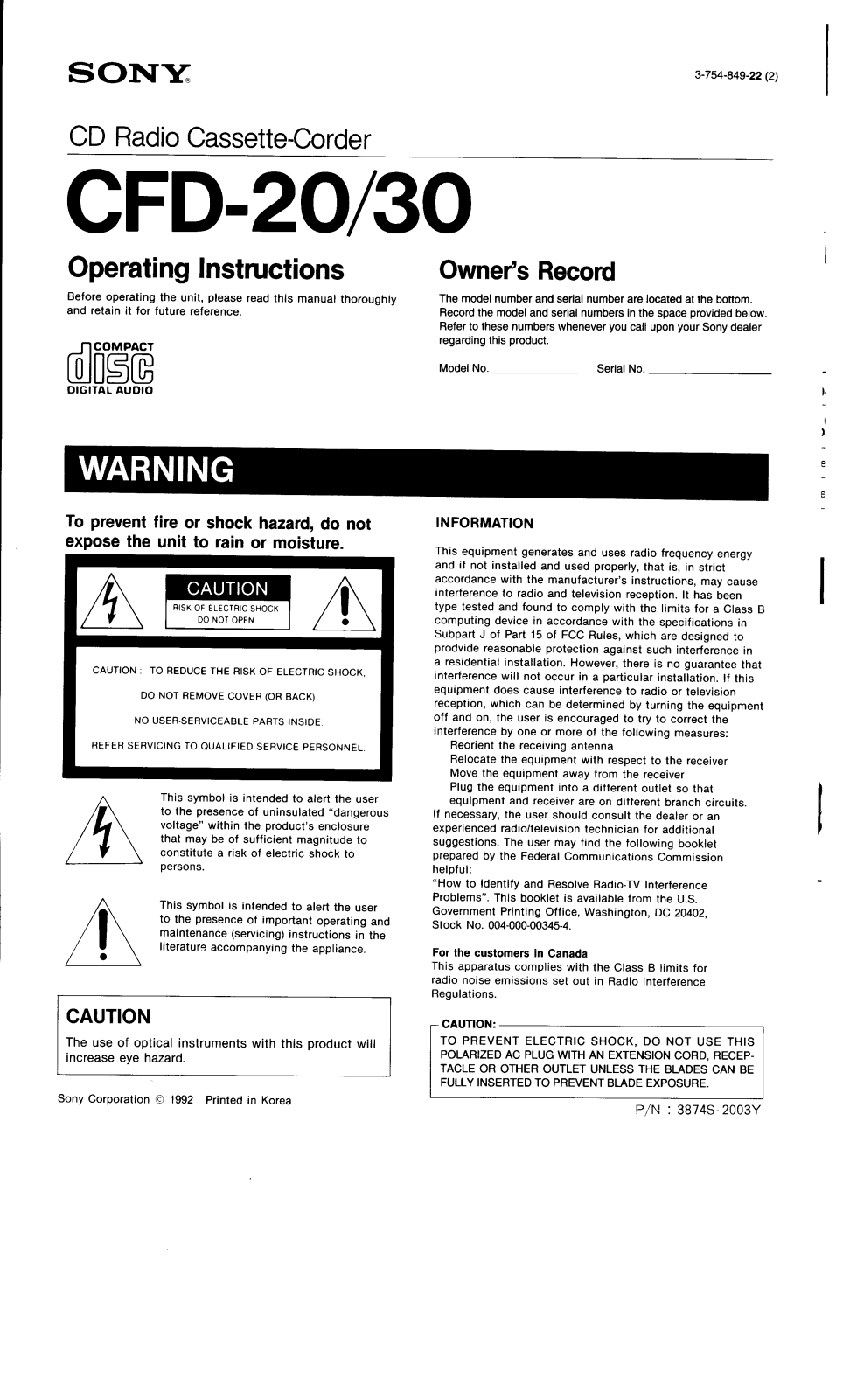 Sony CFD-20 User Manual