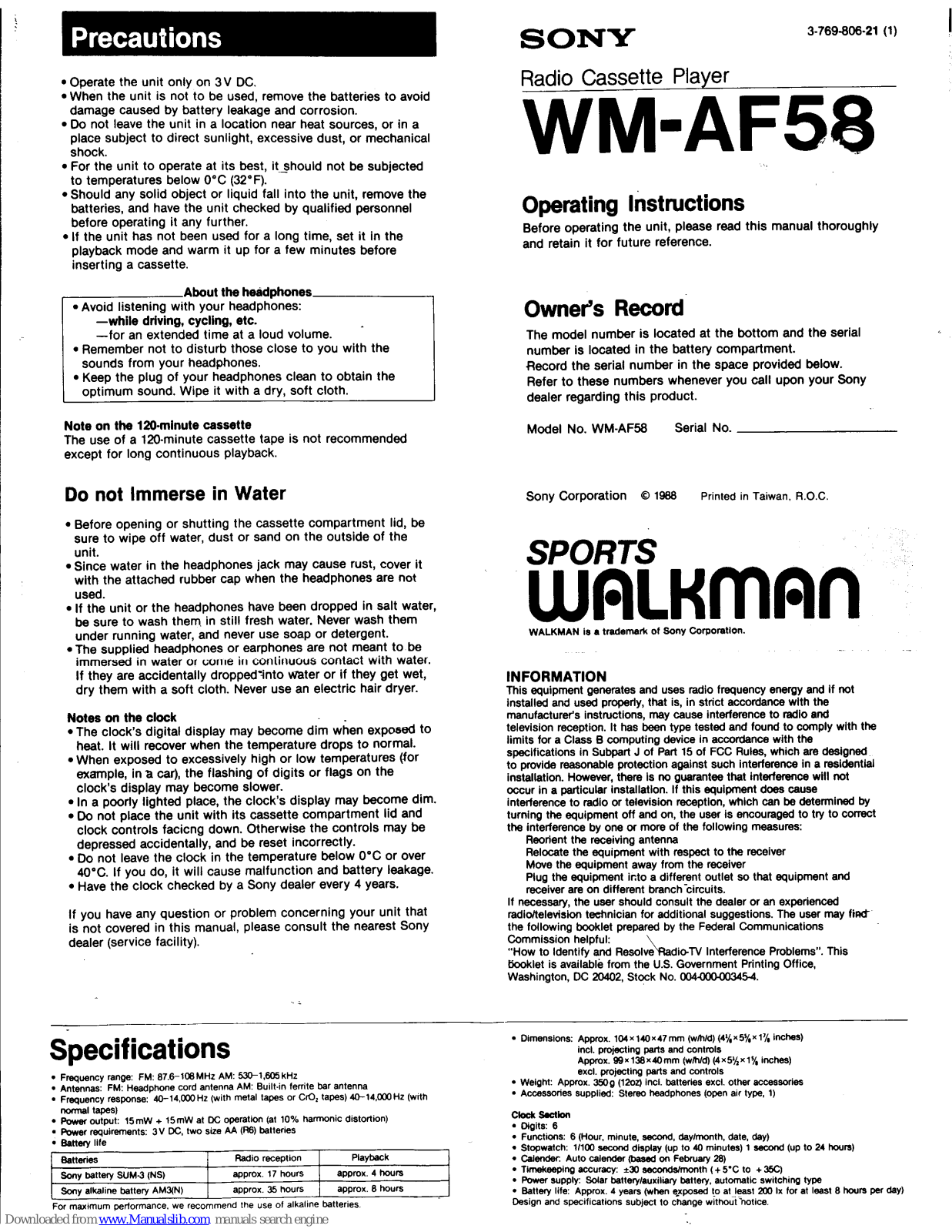 Sony Sports Walkman WM-AF58 Operating Instructions Manual