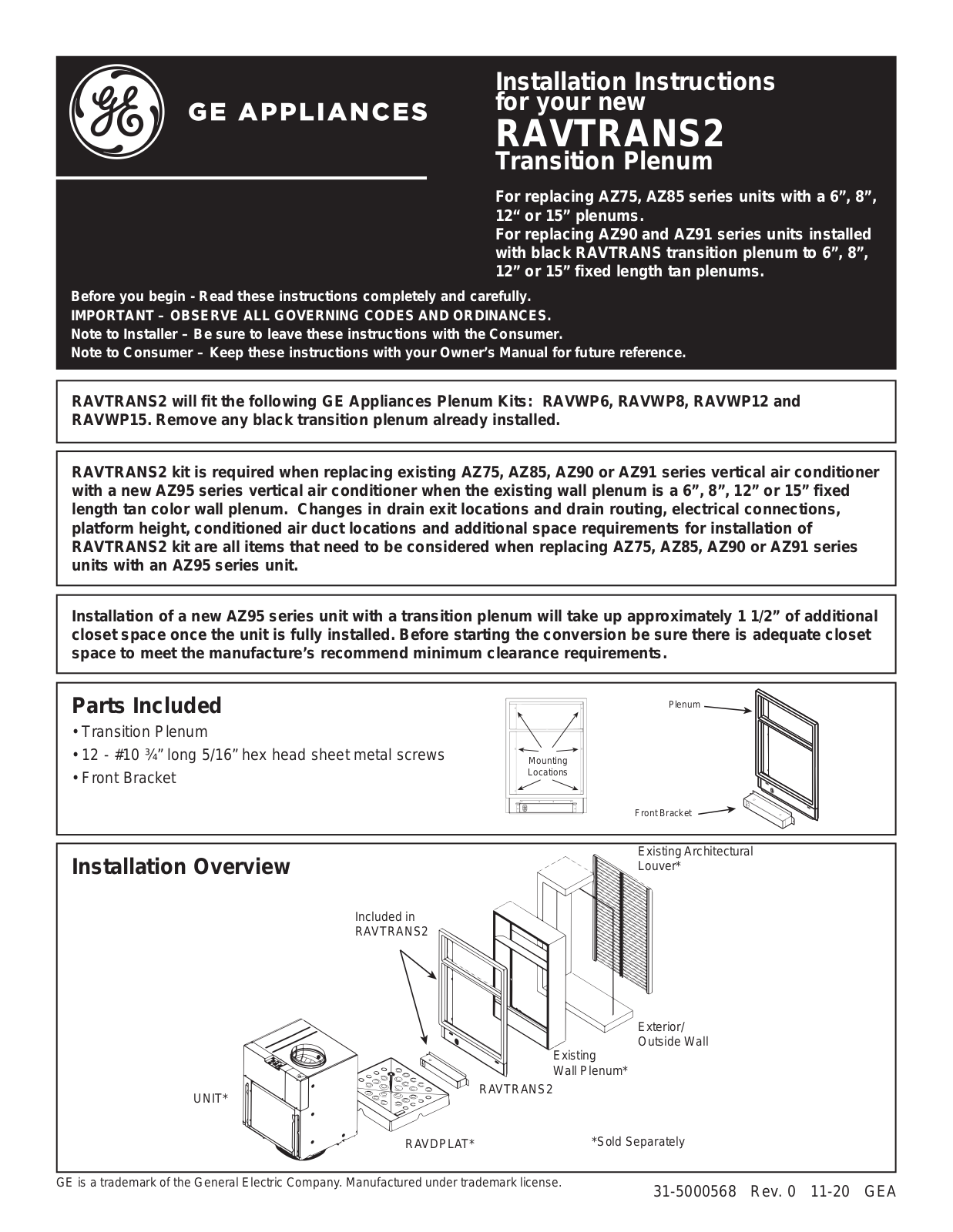 GE RAVTRANS2 Installation Instructions