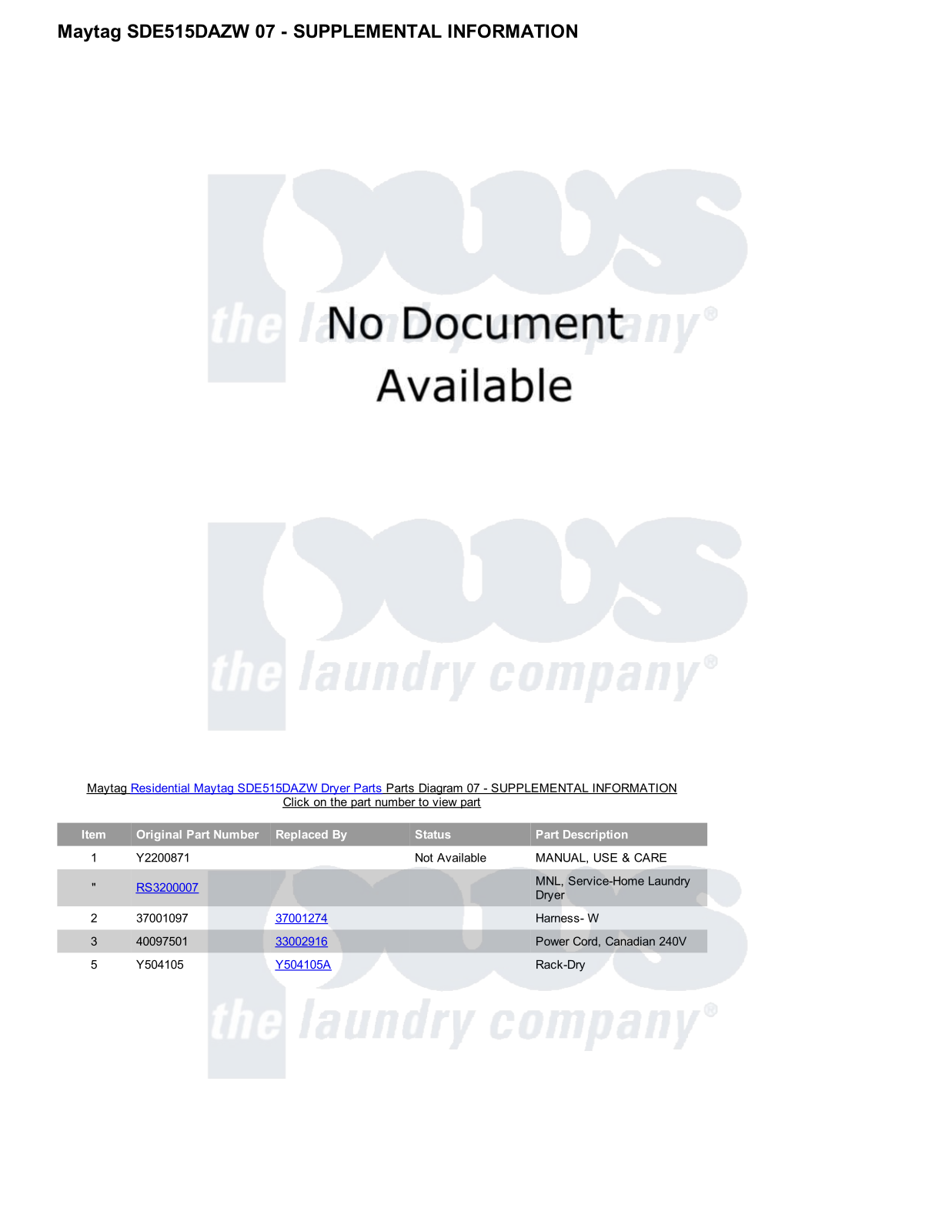 Maytag SDE515DAZW Parts Diagram